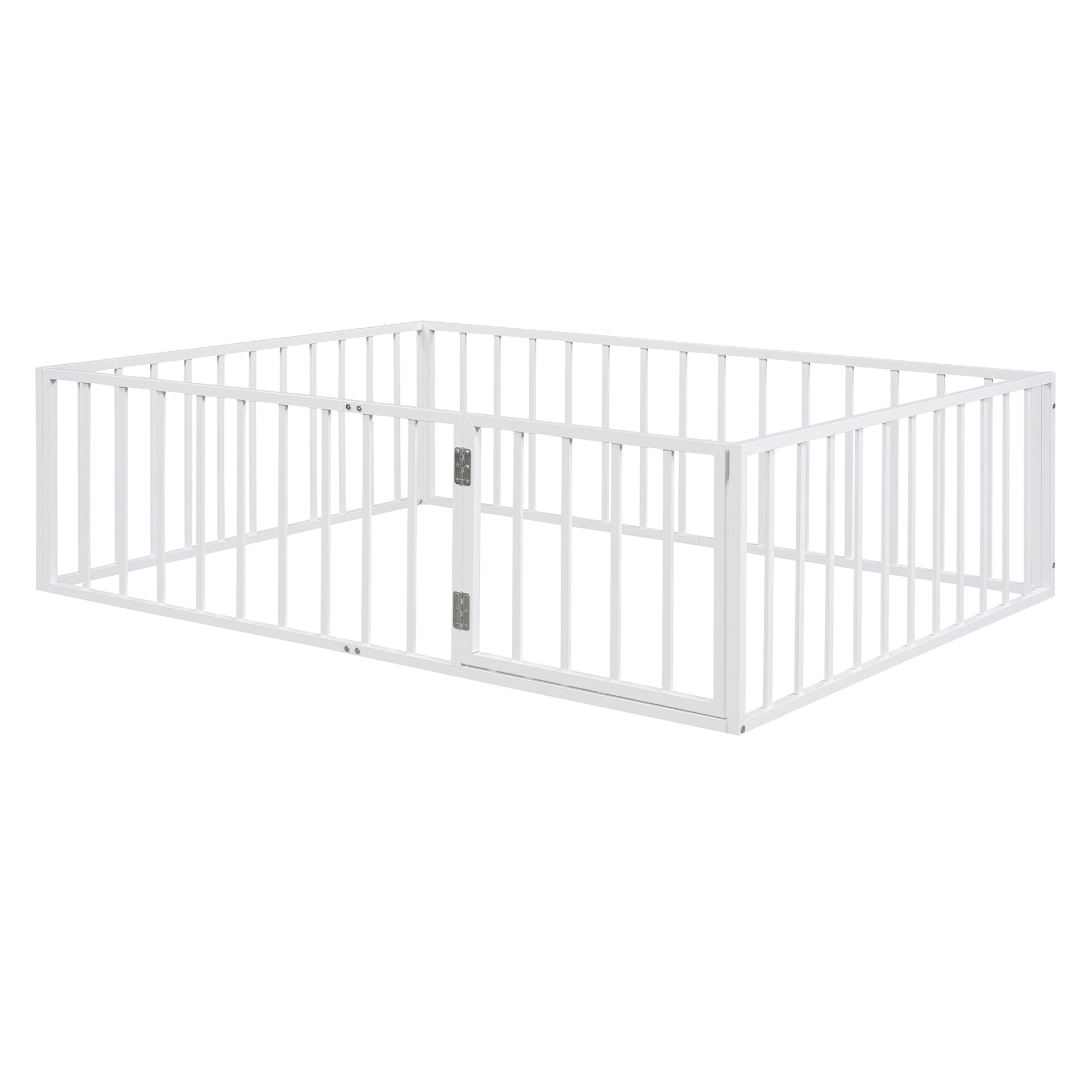 Full Size Metal Floor Bed Frame With Fence And Door, White White Metal