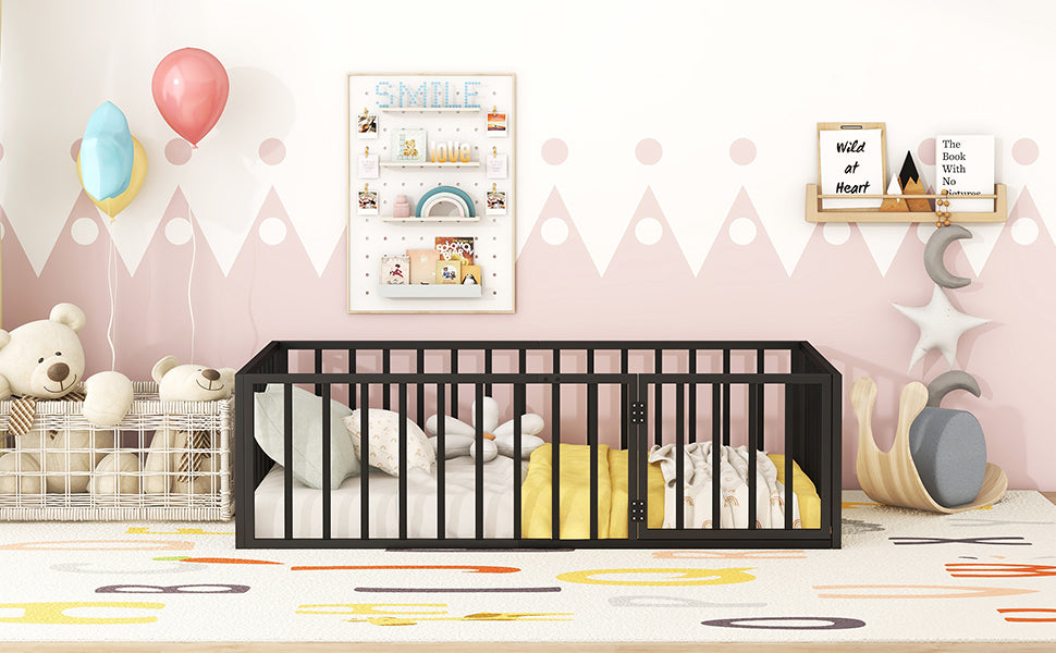 Twin Size Metal Floor Bed Frame With Fence And Door, Black Black Metal