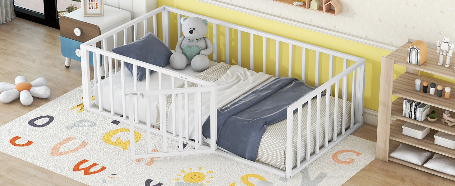Twin Size Metal Floor Bed Frame With Fence And Door, White White Metal