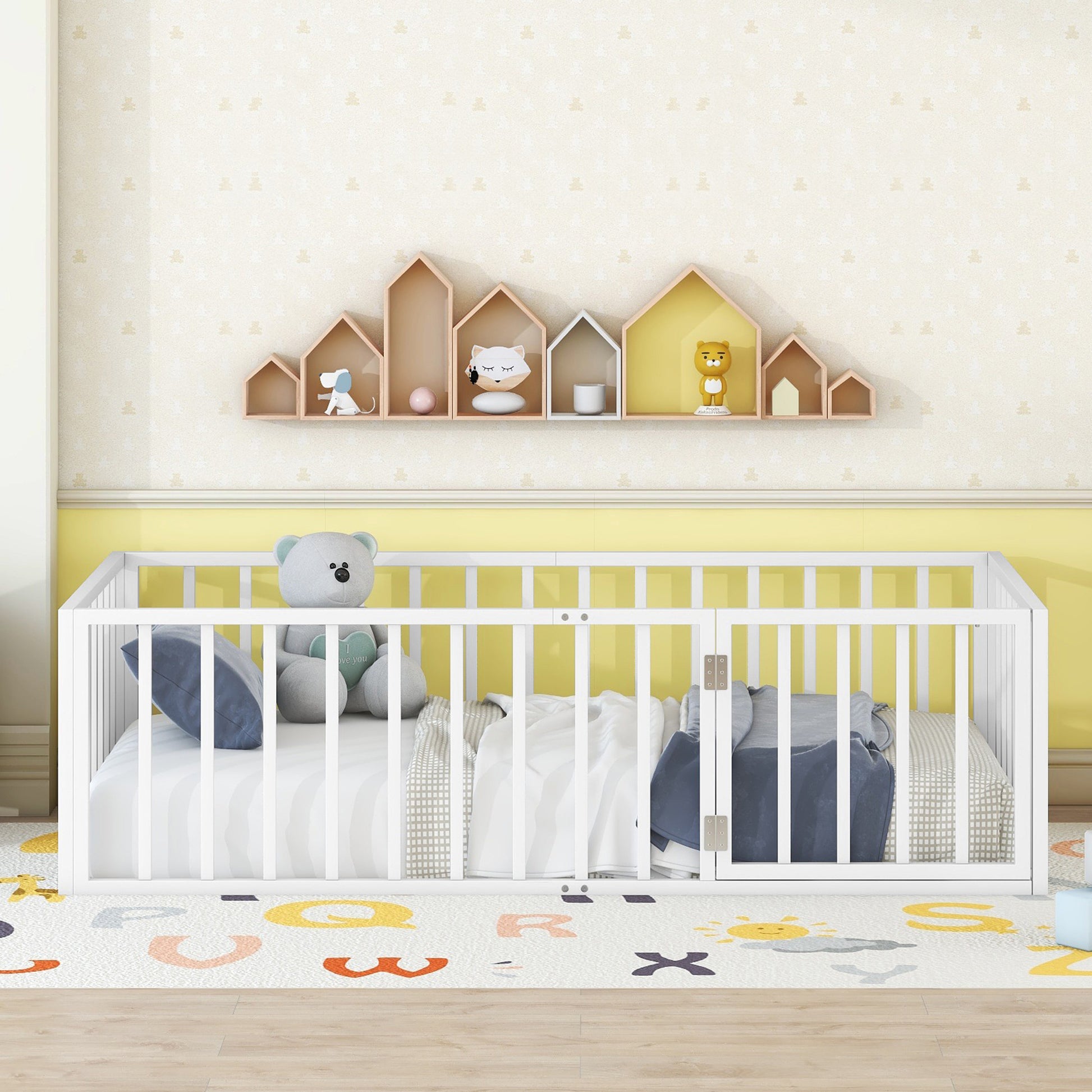 Twin Size Metal Floor Bed Frame With Fence And Door, White White Metal