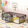 Twin Size Metal Floor Bed Frame With Fence And Door, Black Black Metal