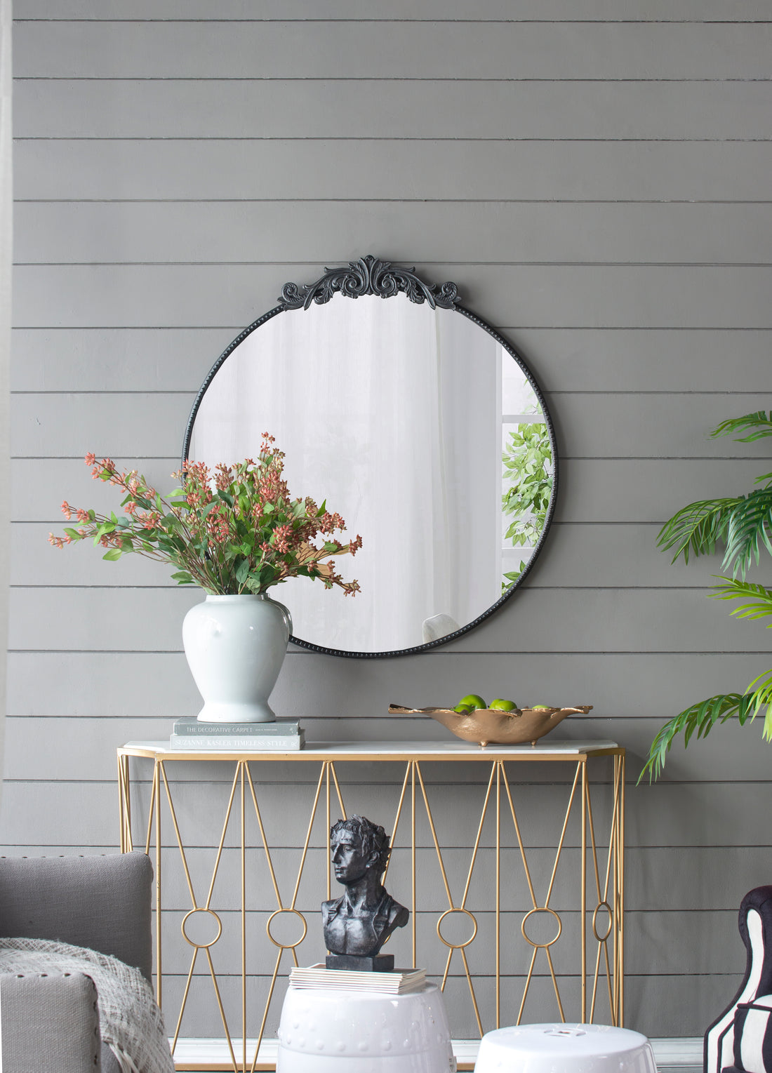 36" X 39" Classic Design Mirror With Round Shape And Baroque Inspired Frame For Bathroom, Entryway Console Lean Against Wall Black Mdf Glass