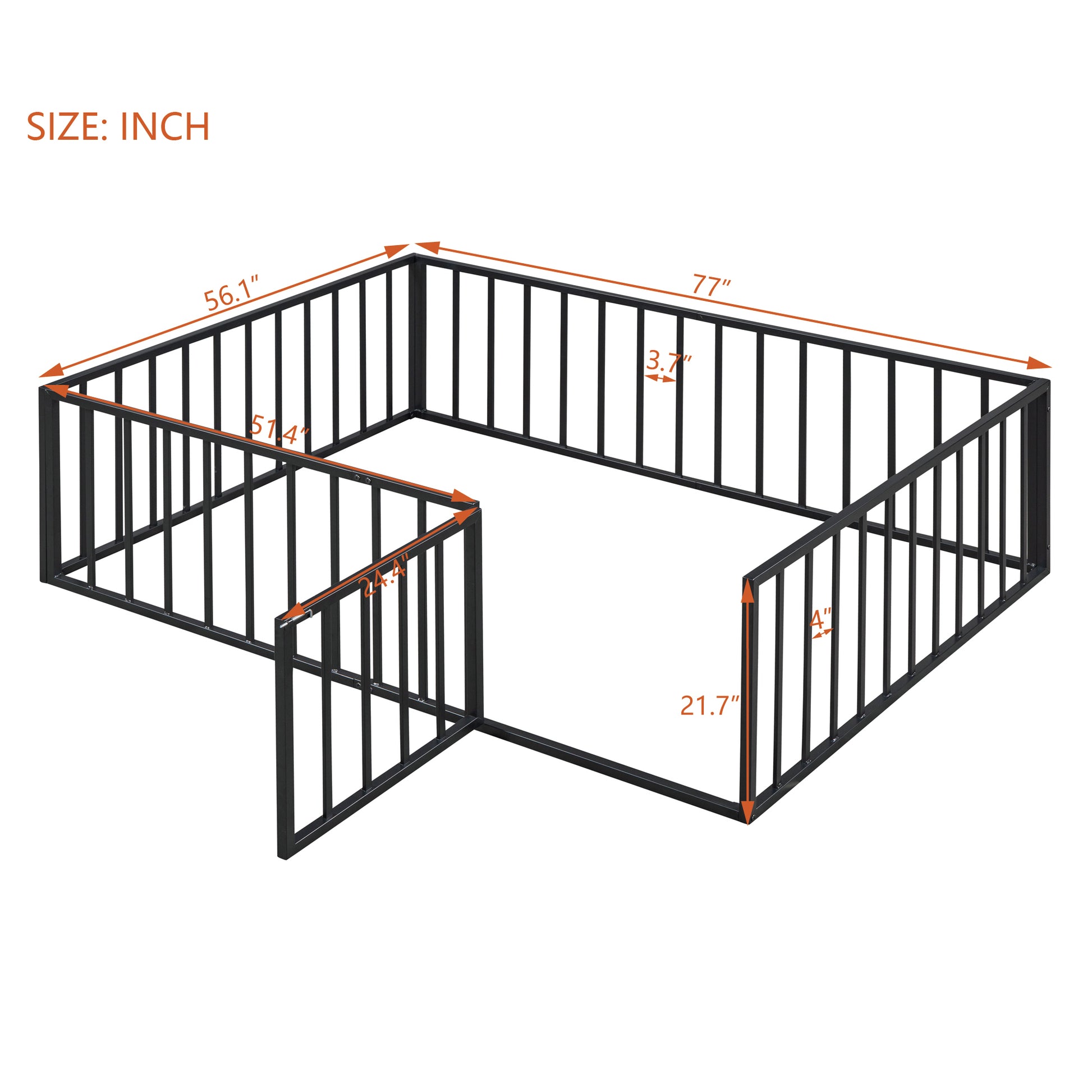 Full Size Metal Floor Bed Frame With Fence And Door, Black Black Metal