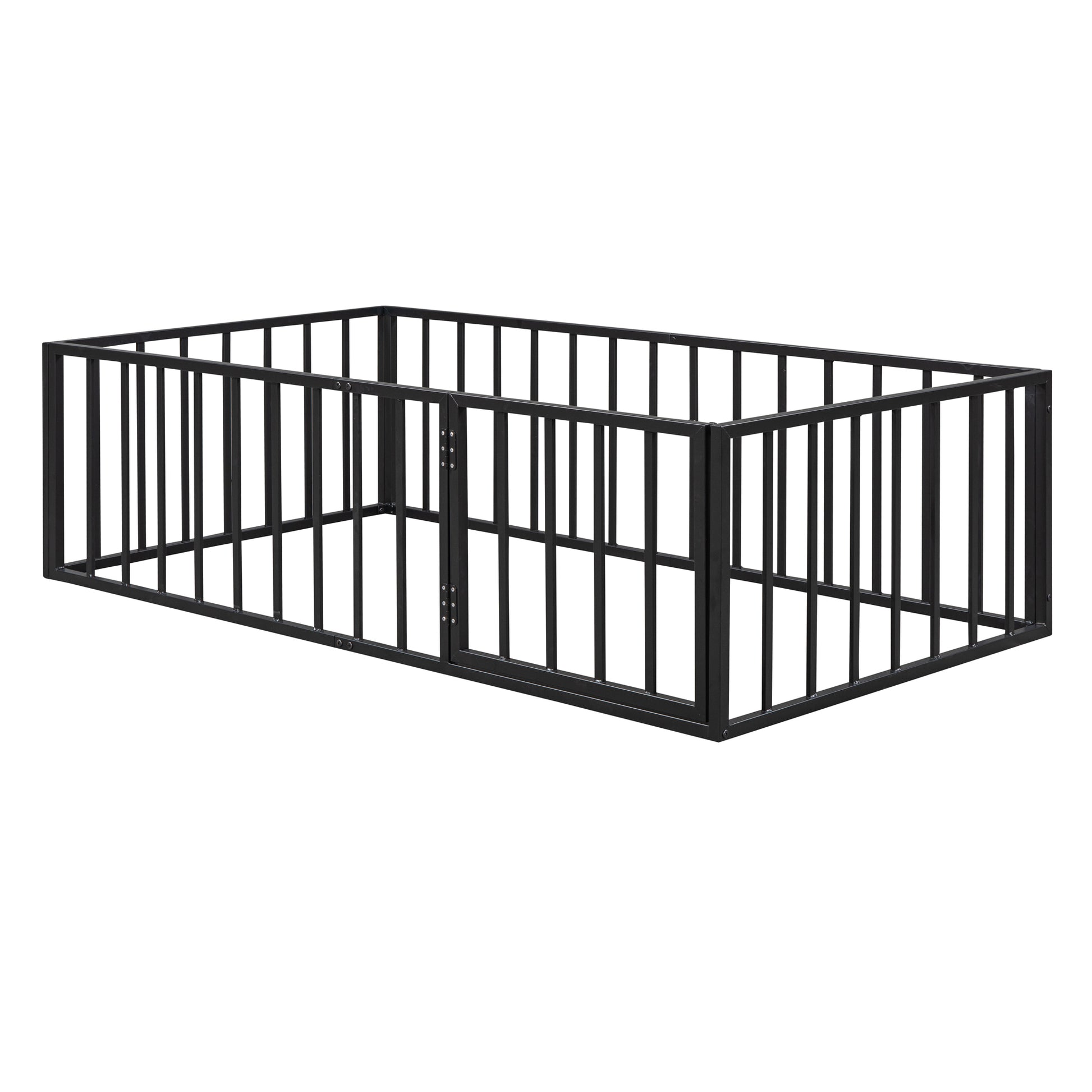 Twin Size Metal Floor Bed Frame With Fence And Door, Black Black Metal