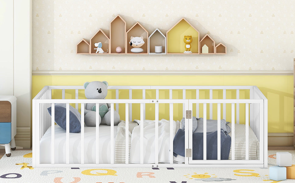 Twin Size Metal Floor Bed Frame With Fence And Door, White White Metal