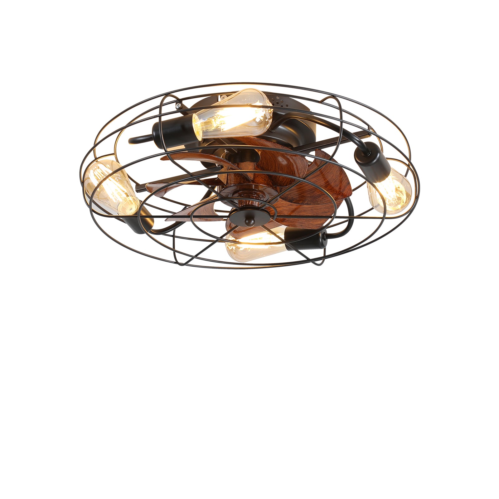 Caged Ceiling Fan With Light, 20'' Farmhouse Low Profile Ceiling Fan Lights With Remote Control, Modern Enclosed 4X E26 Bulb Ceiling Fans With Reversible Motor Living Room Bedroom Kitchen, Black Black Abs Iron