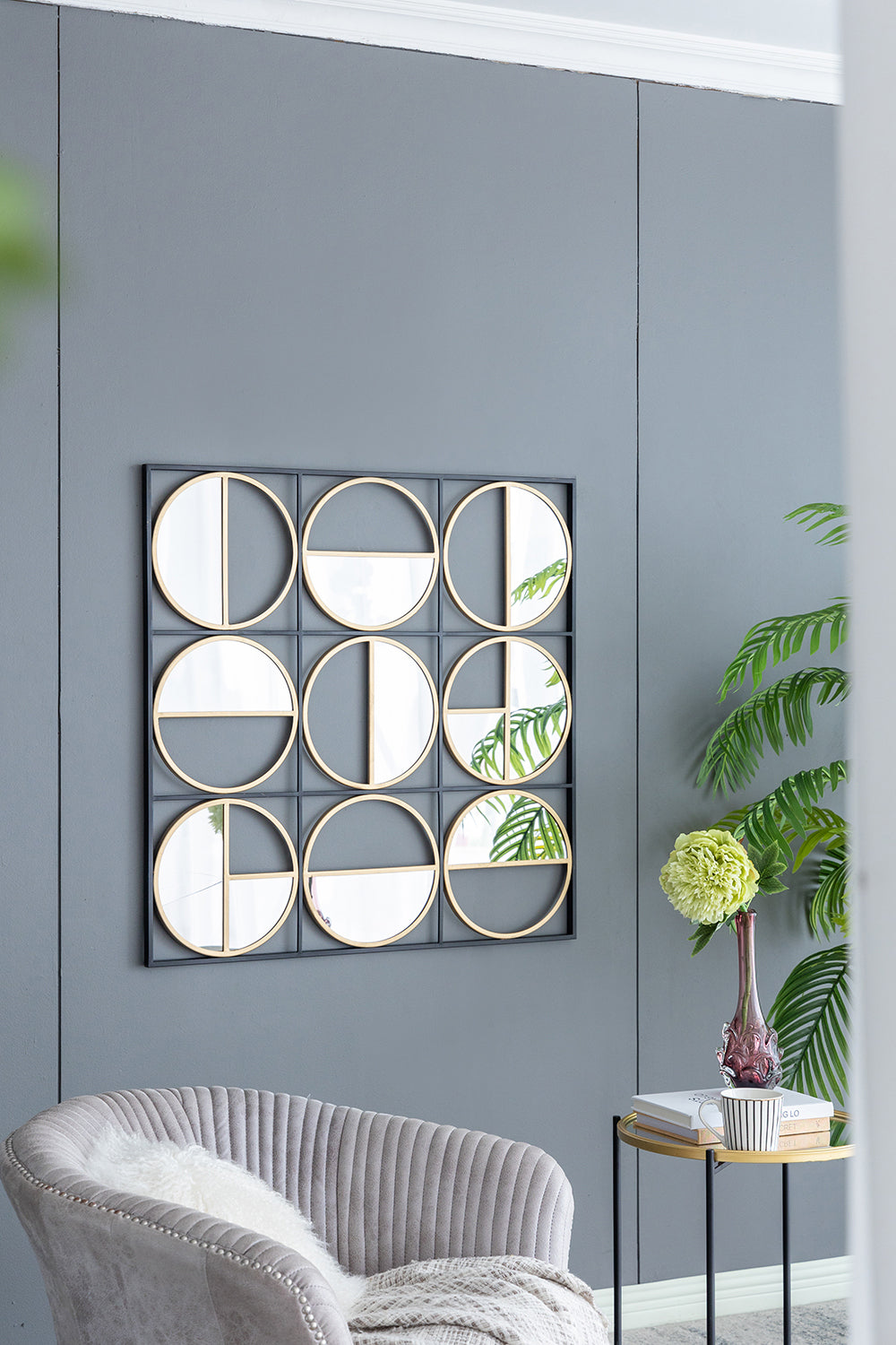 35.6" In Eclectic Styling Metal Beaded Black Wall Mirror With Contemporary Design For Bedroom,Liveroom & Entryway Golden Black Iron