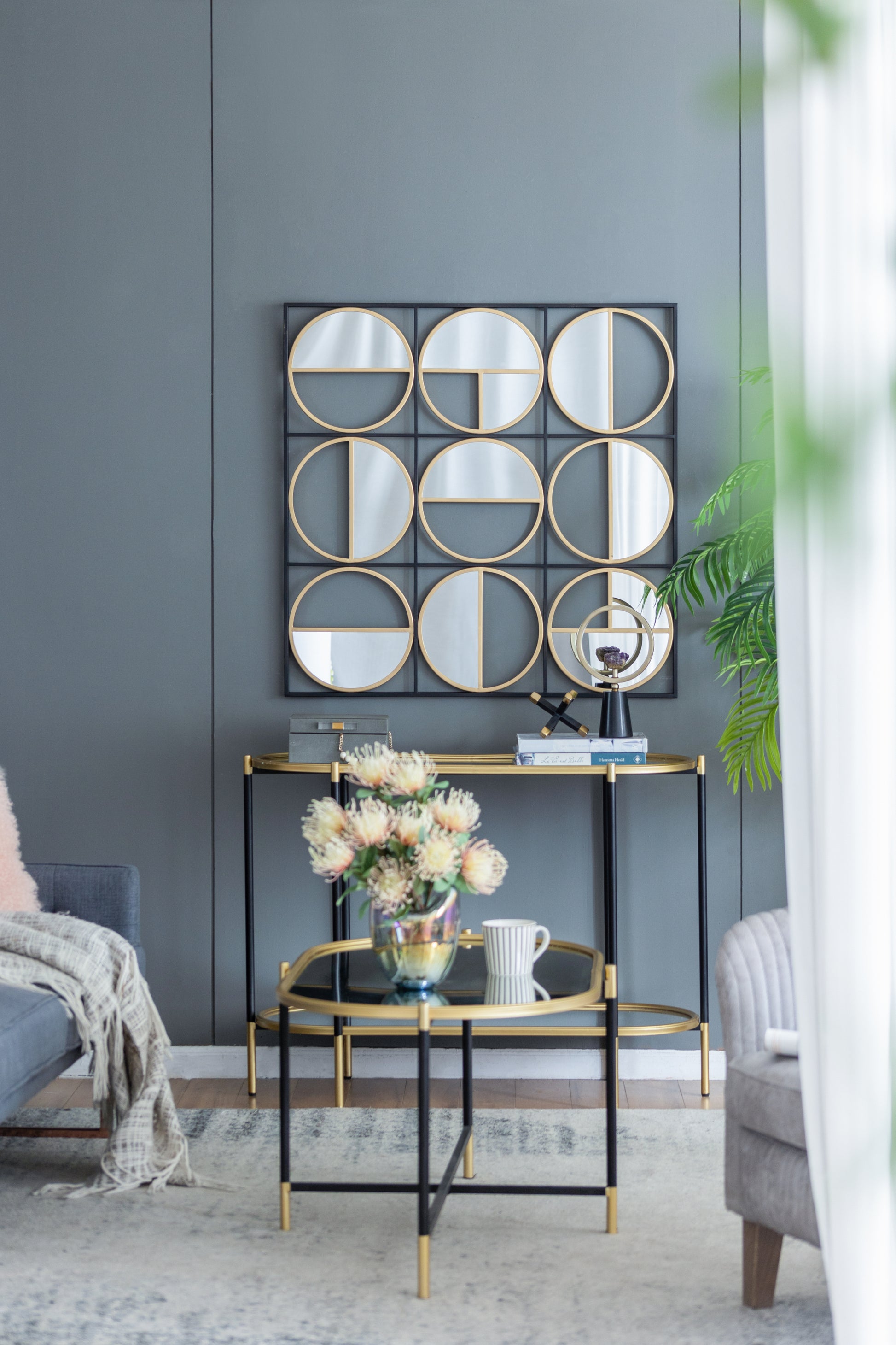 35.6" In Eclectic Styling Metal Beaded Black Wall Mirror With Contemporary Design For Bedroom,Liveroom & Entryway Golden Black Iron