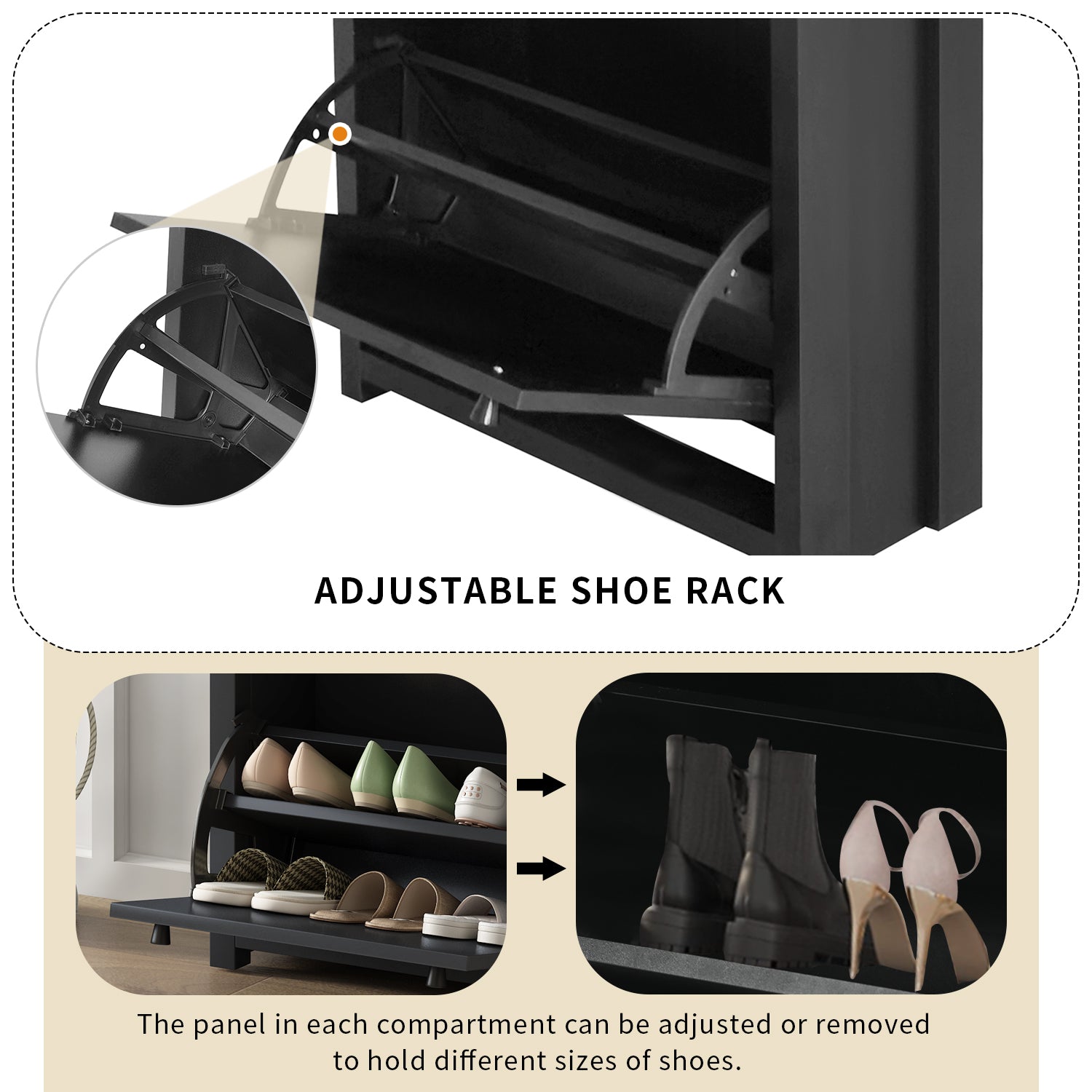 Functional Entryway Organizer With 2 Flip Drawers, Wood Grain Pattern Top Shoe Cabinet With Drawer, Free Standing Shoe Rack With Adjustable Panel For Hallway, Black Freestanding 3 4 Drawers Black