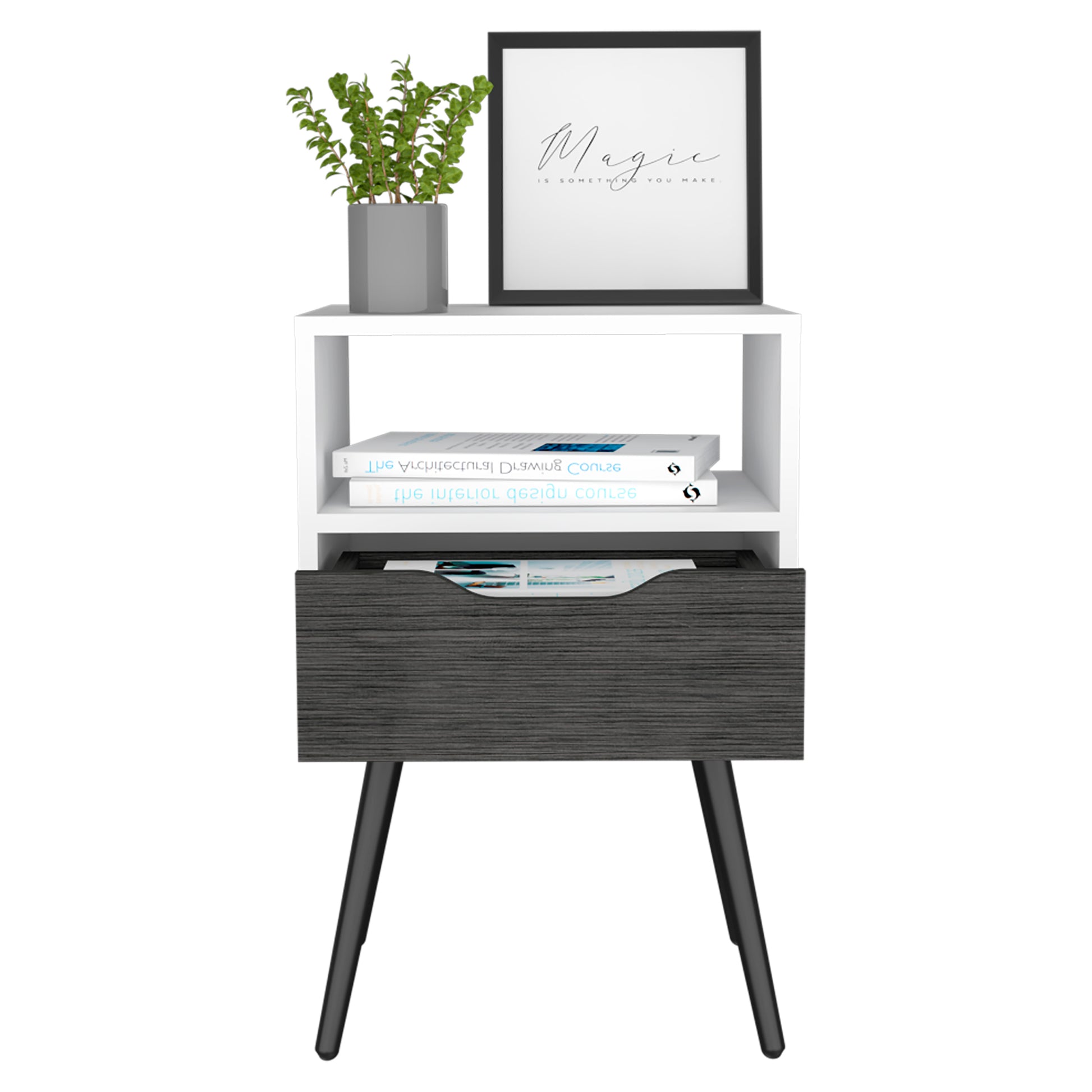 Nightstand Fugaz, Open Shelf, Single Drawer, Smokey Oak White Finish Multicolor Particle Board