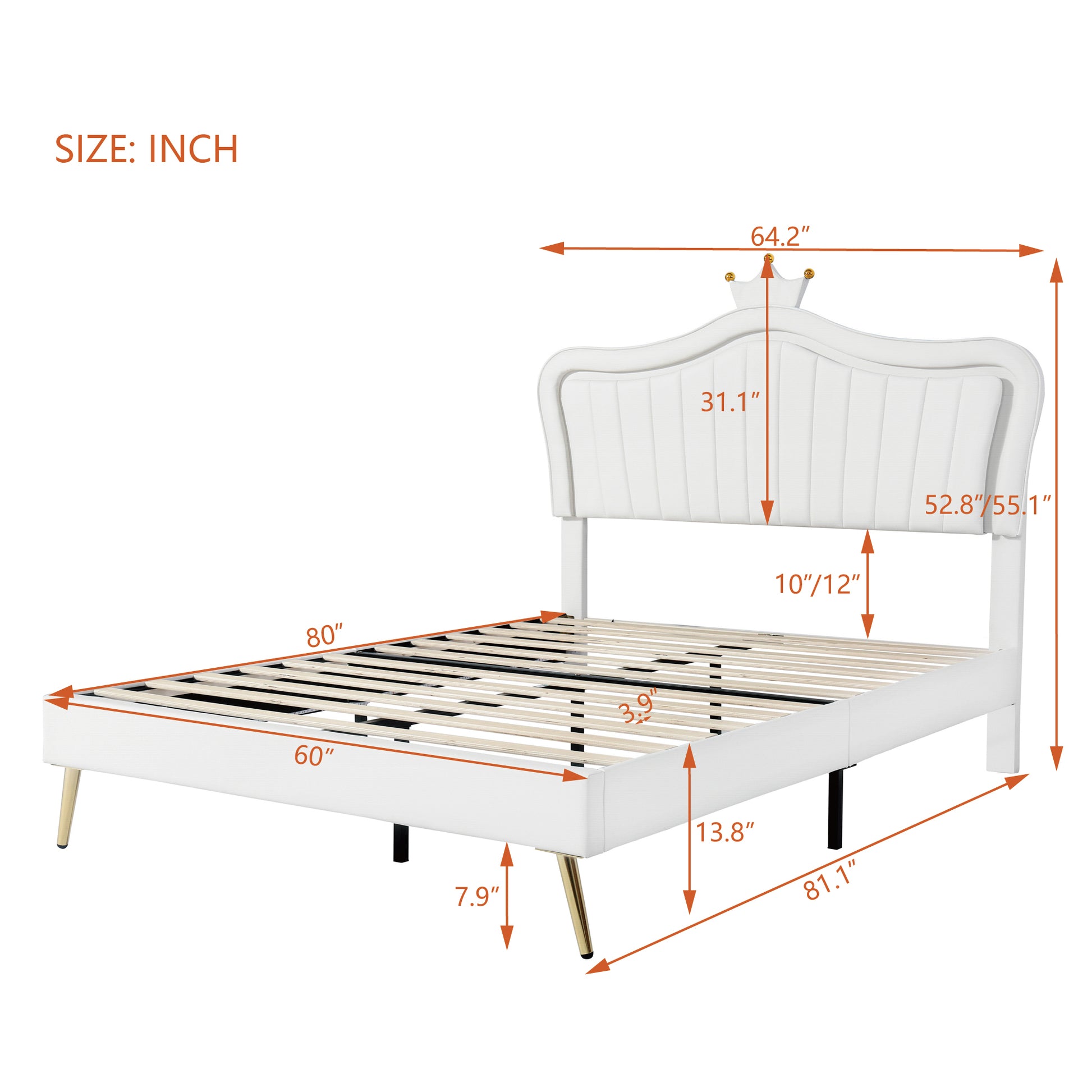 Queen Size Upholstered Bed Frame With Led Lights,Modern Upholstered Princess Bed With Crown Headboard,White White Pu