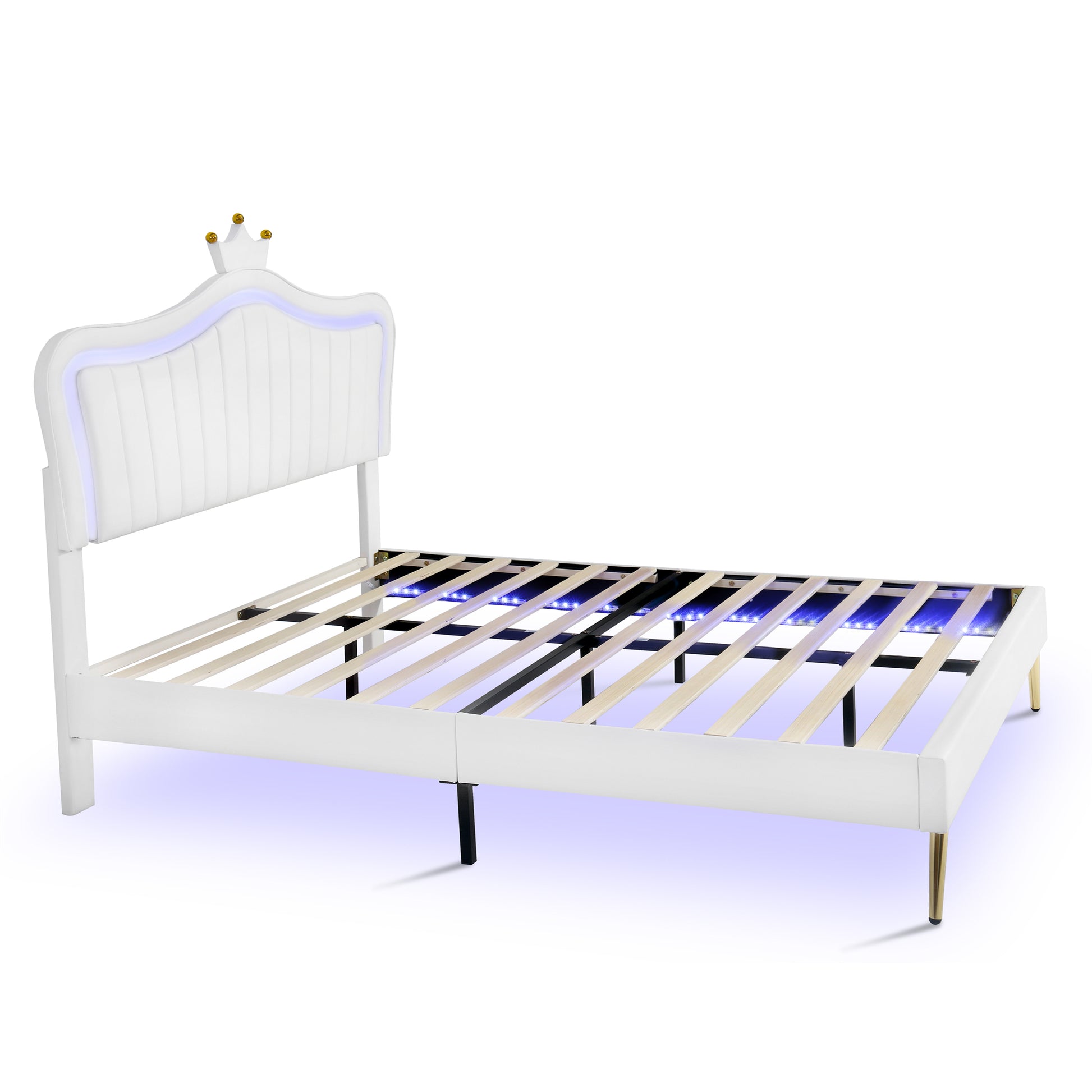 Queen Size Upholstered Bed Frame With Led Lights,Modern Upholstered Princess Bed With Crown Headboard,White White Pu