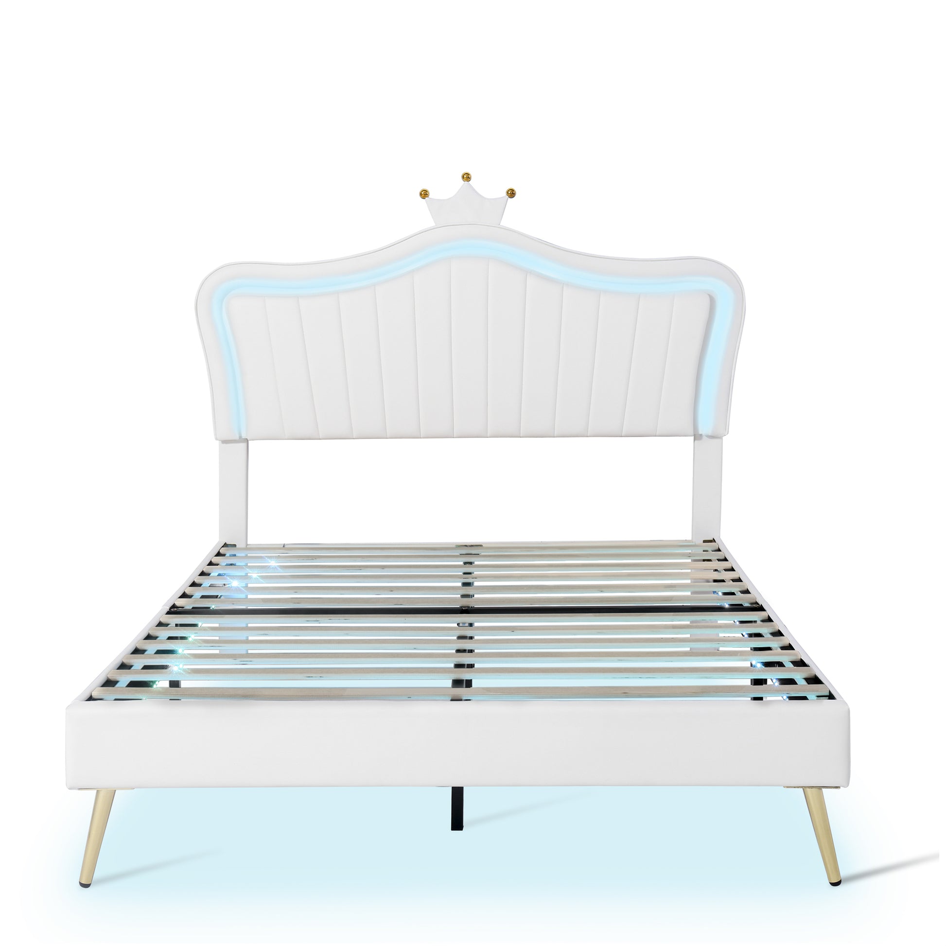 Queen Size Upholstered Bed Frame With Led Lights,Modern Upholstered Princess Bed With Crown Headboard,White White Pu