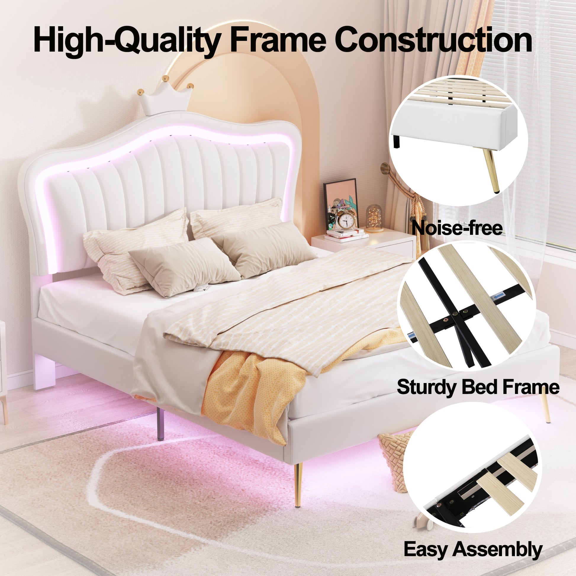 Queen Size Upholstered Bed Frame With Led Lights,Modern Upholstered Princess Bed With Crown Headboard,White White Pu