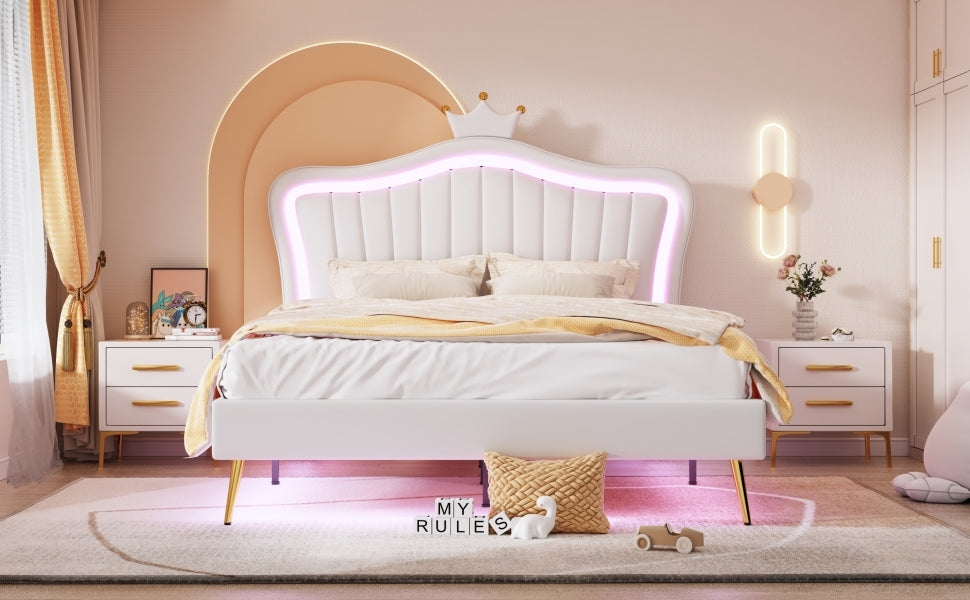 Queen Size Upholstered Bed Frame With Led Lights,Modern Upholstered Princess Bed With Crown Headboard,White White Pu