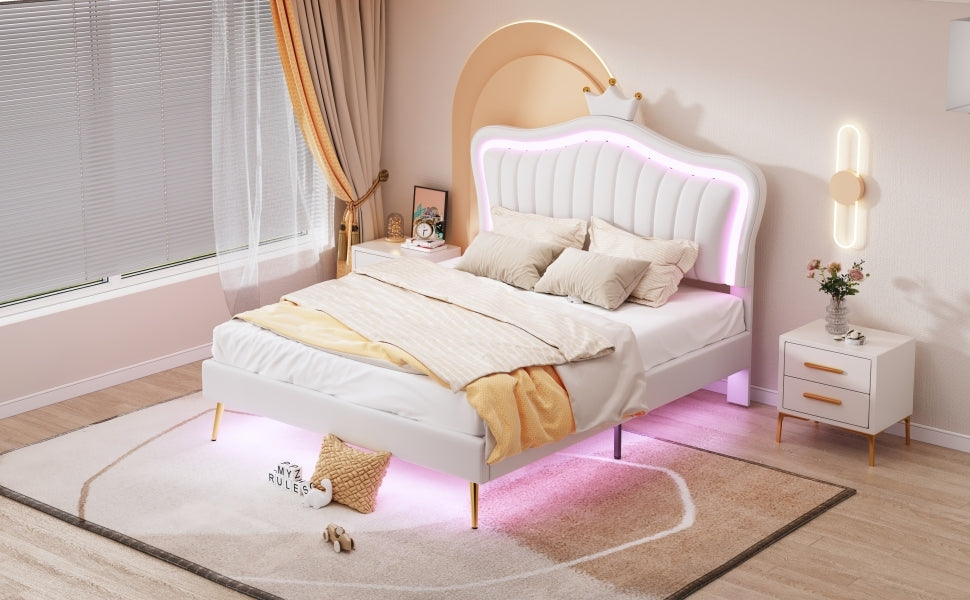 Queen Size Upholstered Bed Frame With Led Lights,Modern Upholstered Princess Bed With Crown Headboard,White White Pu