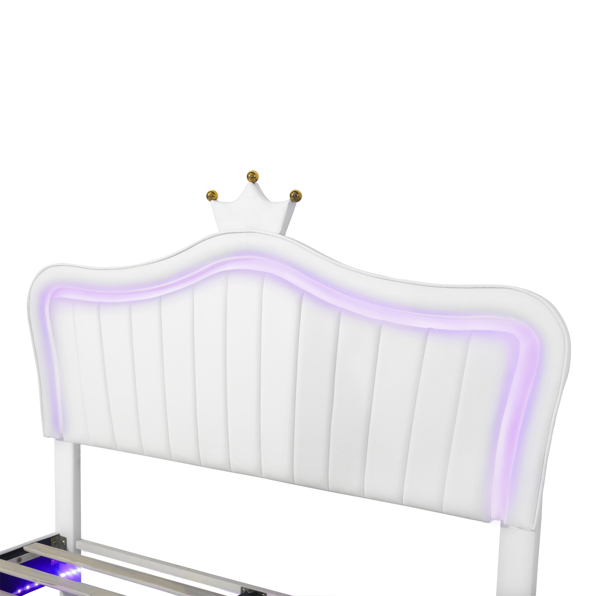Queen Size Upholstered Bed Frame With Led Lights,Modern Upholstered Princess Bed With Crown Headboard,White White Pu