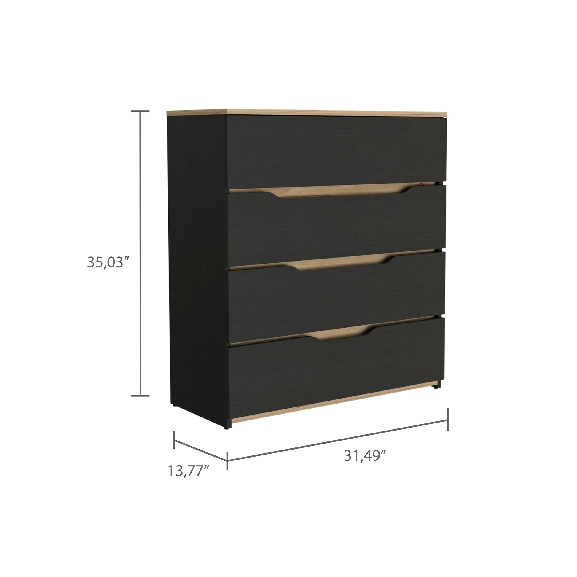 Dresser Oboe, Superior Top, Four Drawers, Black Wengue Light Oak Finish Light Oak Particle Board