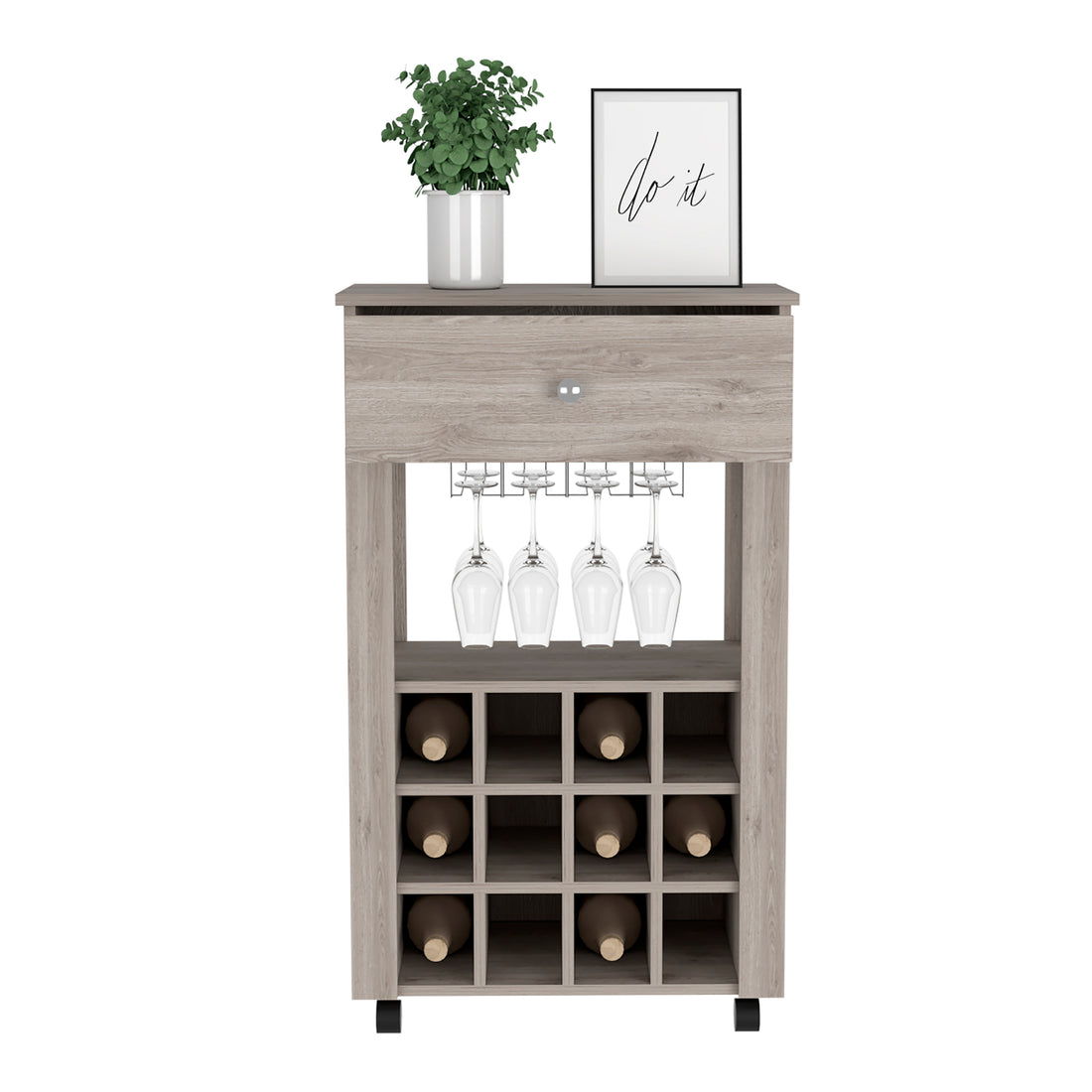 Bar Cart Bayamon, Twelve Wine Cubbies, Four Legs, Light Gray Finish Light Gray Particle Board