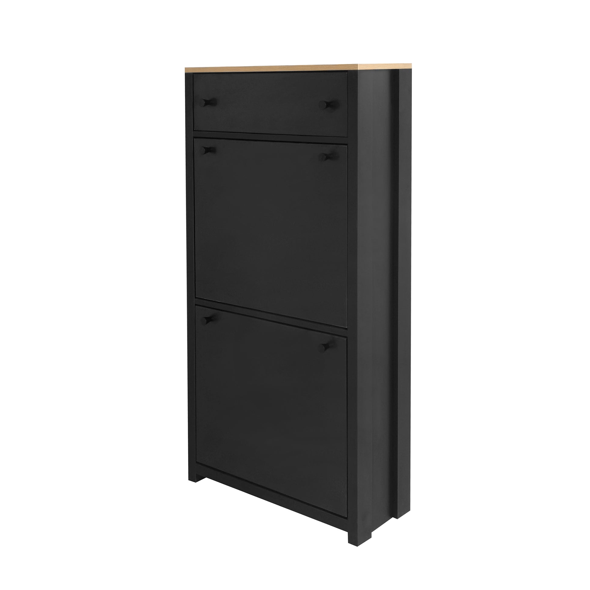 Functional Entryway Organizer With 2 Flip Drawers, Wood Grain Pattern Top Shoe Cabinet With Drawer, Free Standing Shoe Rack With Adjustable Panel For Hallway, Black Freestanding 3 4 Drawers Black
