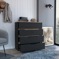 Dresser Oboe, Superior Top, Four Drawers, Black Wengue Light Oak Finish Light Oak Particle Board