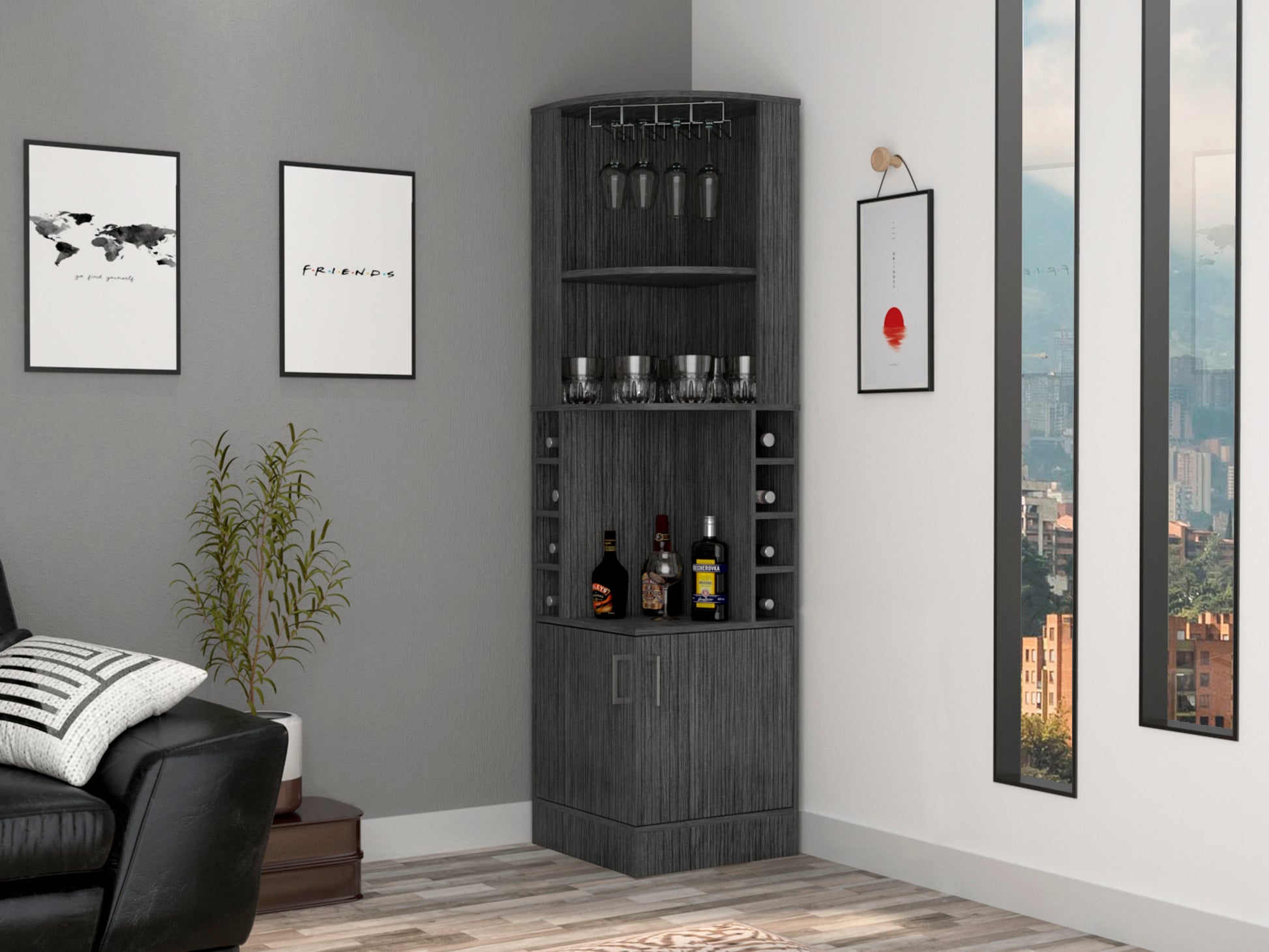 Bar Cabinet Papprika, 8 Wine Cubbies, Double Door, Smokey Oak Finish Gray Particle Board