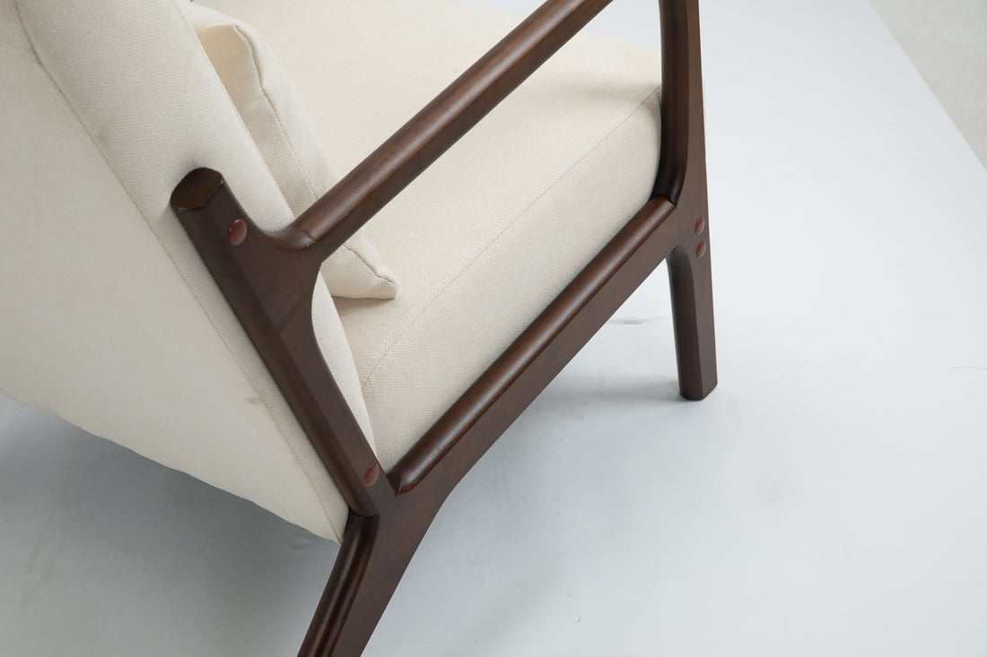 Mid Century Modern Accent Chair With Wood Frame, Upholstered Living Room Chairs With Waist Cushion, Reading Armchair For Bedroom Sunroom White Cotton Velvet