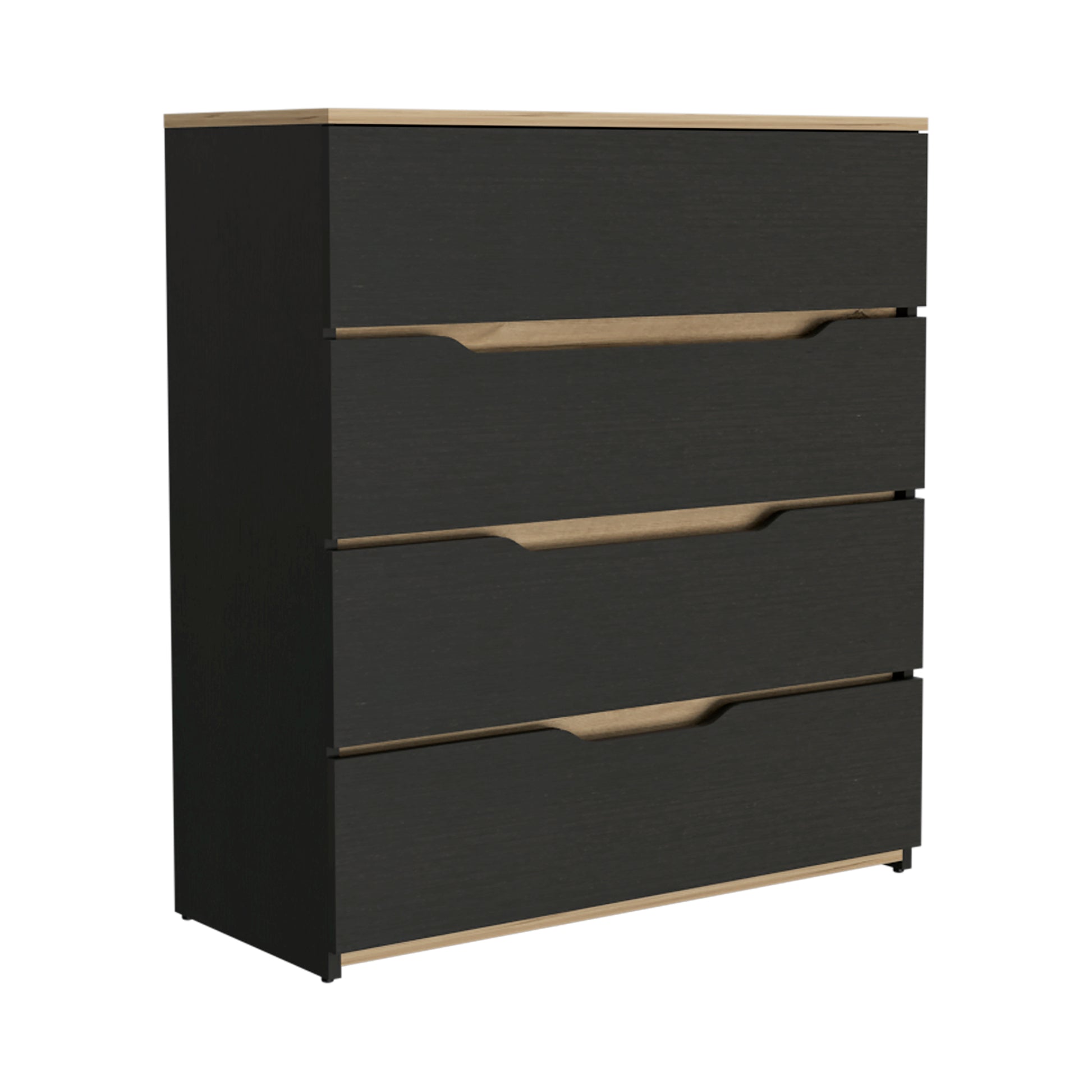 Dresser Oboe, Superior Top, Four Drawers, Black Wengue Light Oak Finish Light Oak Particle Board