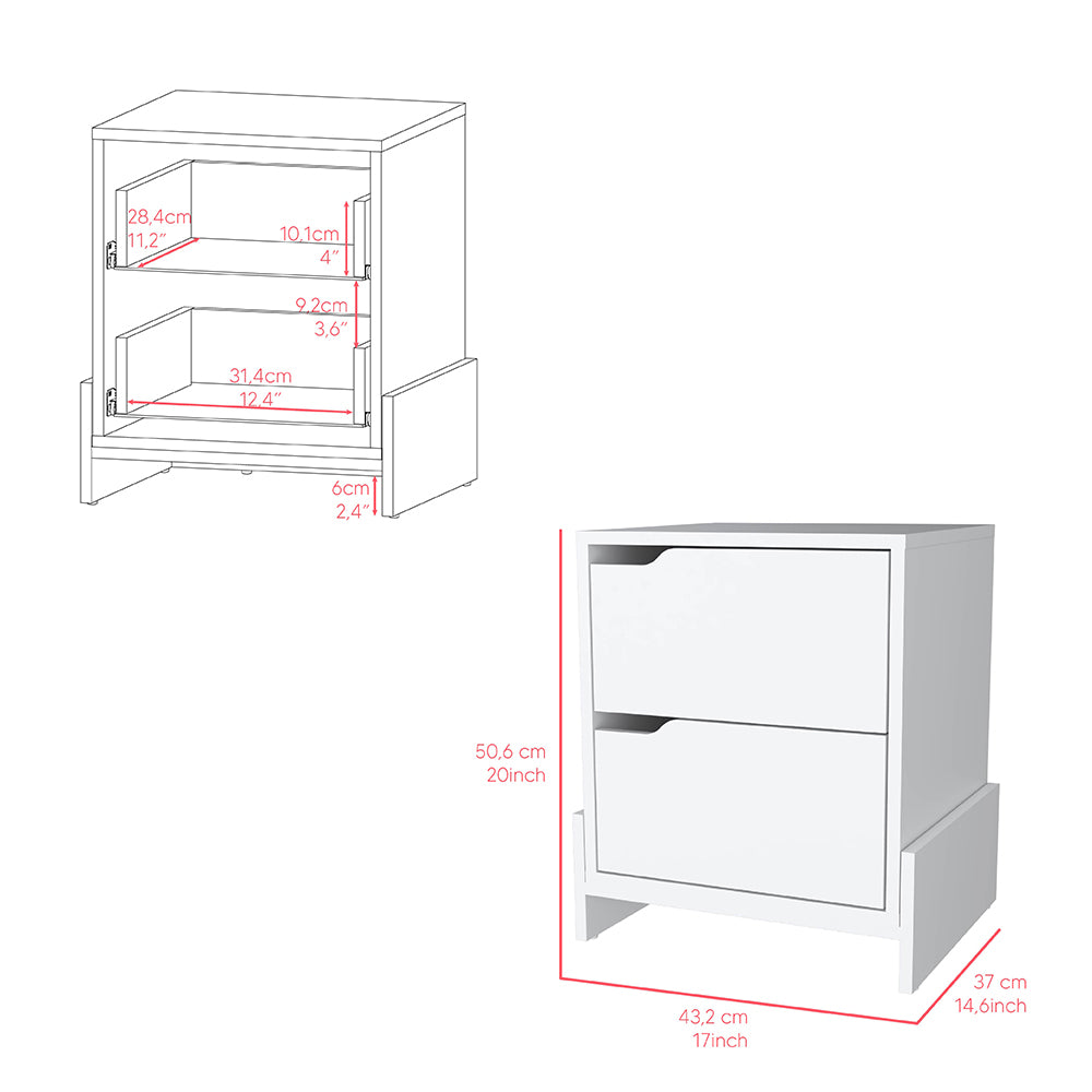 Nightstand Brookland, Bedside Table With Double Drawers And Sturdy Base, White Finish White Particle Board