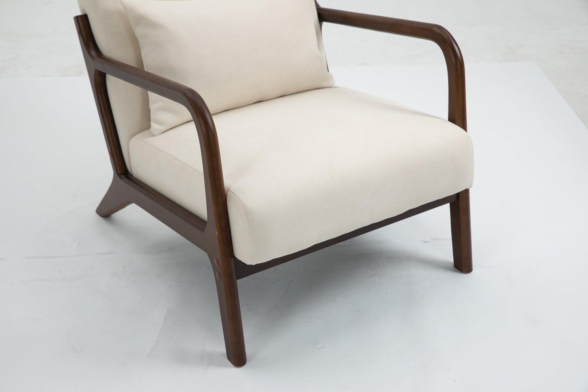 Mid Century Modern Accent Chair With Wood Frame, Upholstered Living Room Chairs With Waist Cushion, Reading Armchair For Bedroom Sunroom White Cotton Velvet