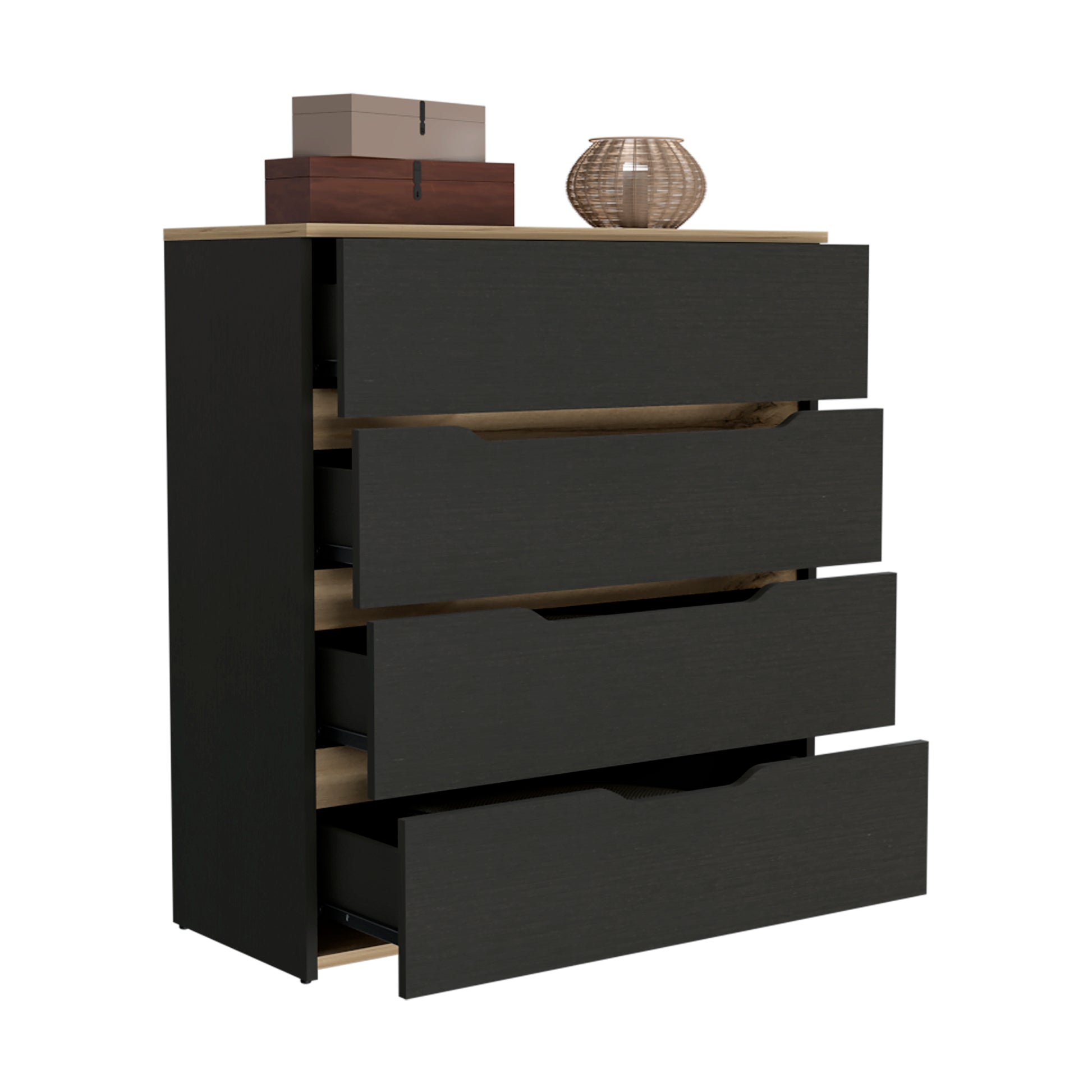 Dresser Oboe, Superior Top, Four Drawers, Black Wengue Light Oak Finish Light Oak Particle Board
