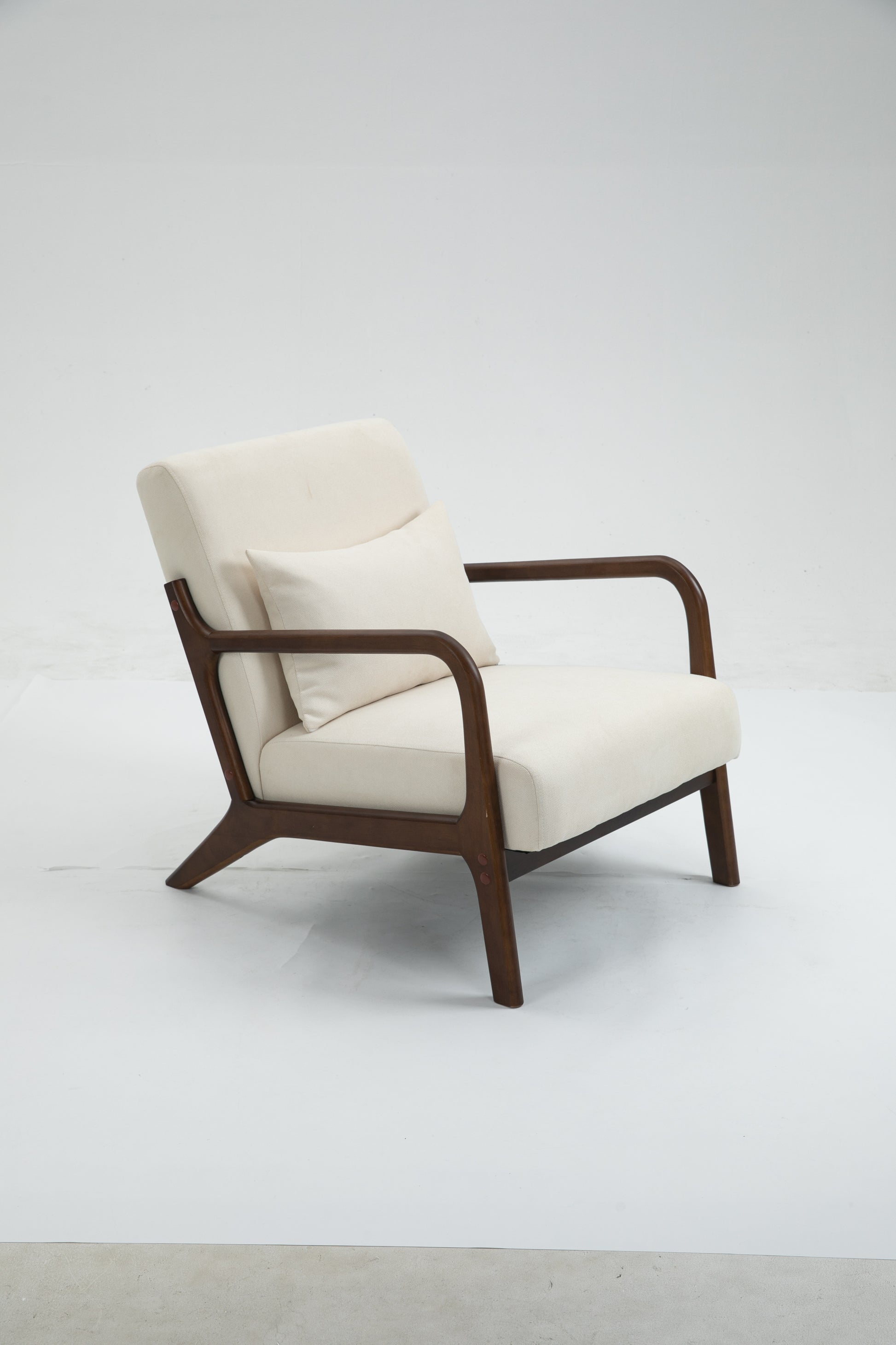 Mid Century Modern Accent Chair With Wood Frame, Upholstered Living Room Chairs With Waist Cushion, Reading Armchair For Bedroom Sunroom White Cotton Velvet