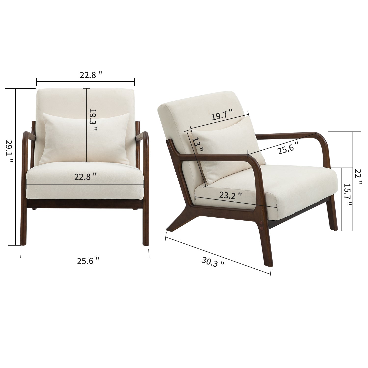 Mid Century Modern Accent Chair With Wood Frame, Upholstered Living Room Chairs With Waist Cushion, Reading Armchair For Bedroom Sunroom White Cotton Velvet