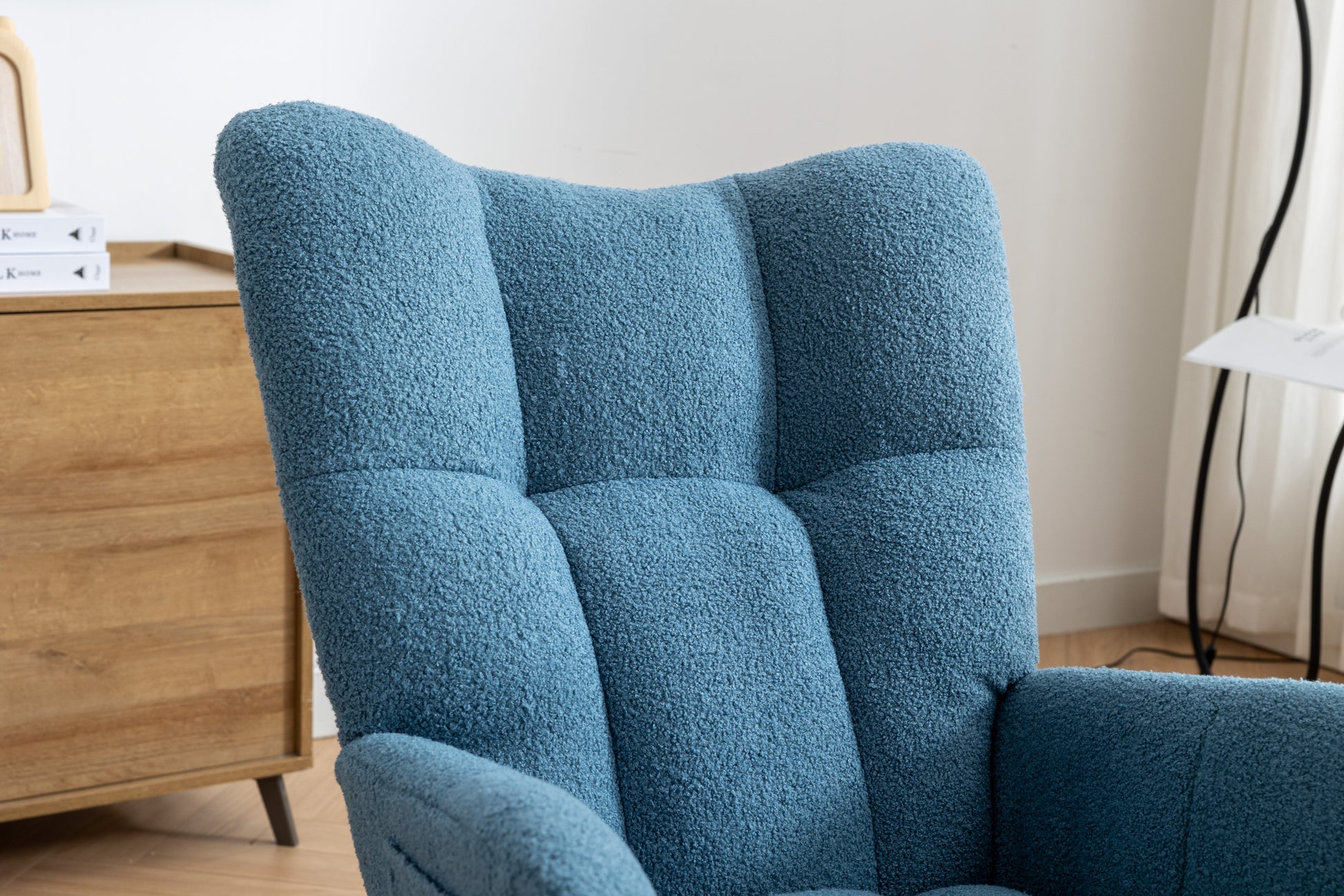 Rocking Chair With Pocket, Soft Teddy Fabric Rocking Chair For Nursery, Comfy Wingback Glider Rocker With Safe Solid Wood Base For Living Room Bedroom Balcony Blue Blue Casual Foam Teddy