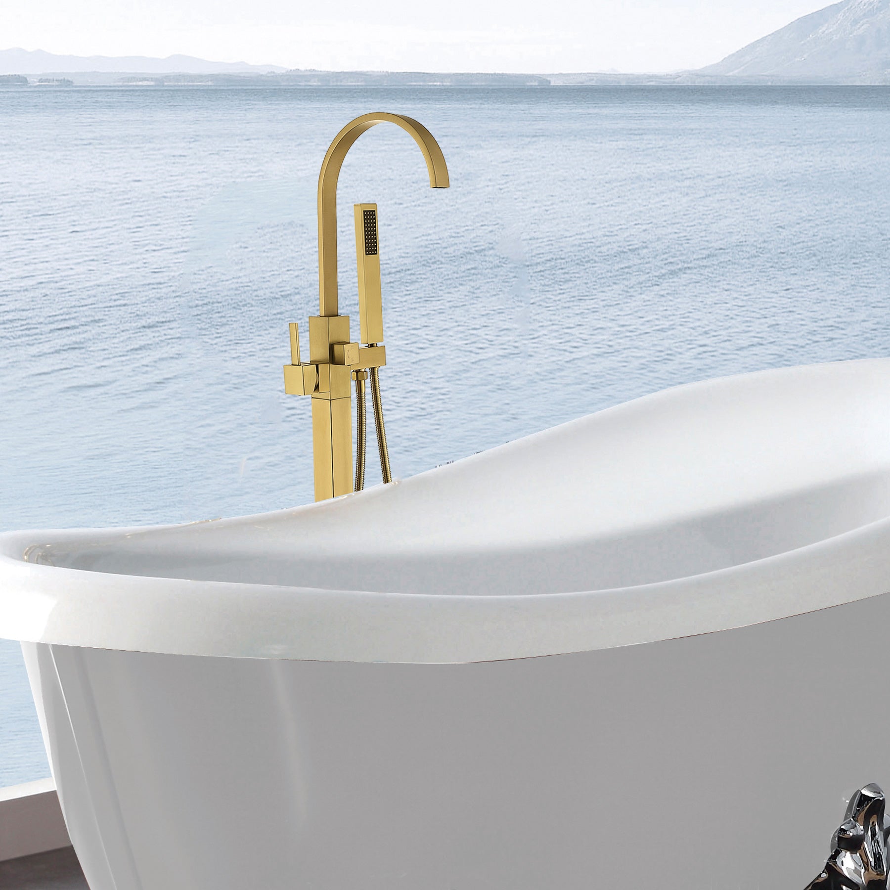 Freestanding Bathtub Faucet With Hand Shower Brushed Gold Metal