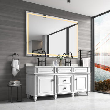 Led Bathroom Mirror55"X 30 " With Front And Backlight, Large Dimmable Wall Mirrors With Anti Fog, Memory, 3 Colors, Led Vanity Mirror White Aluminium