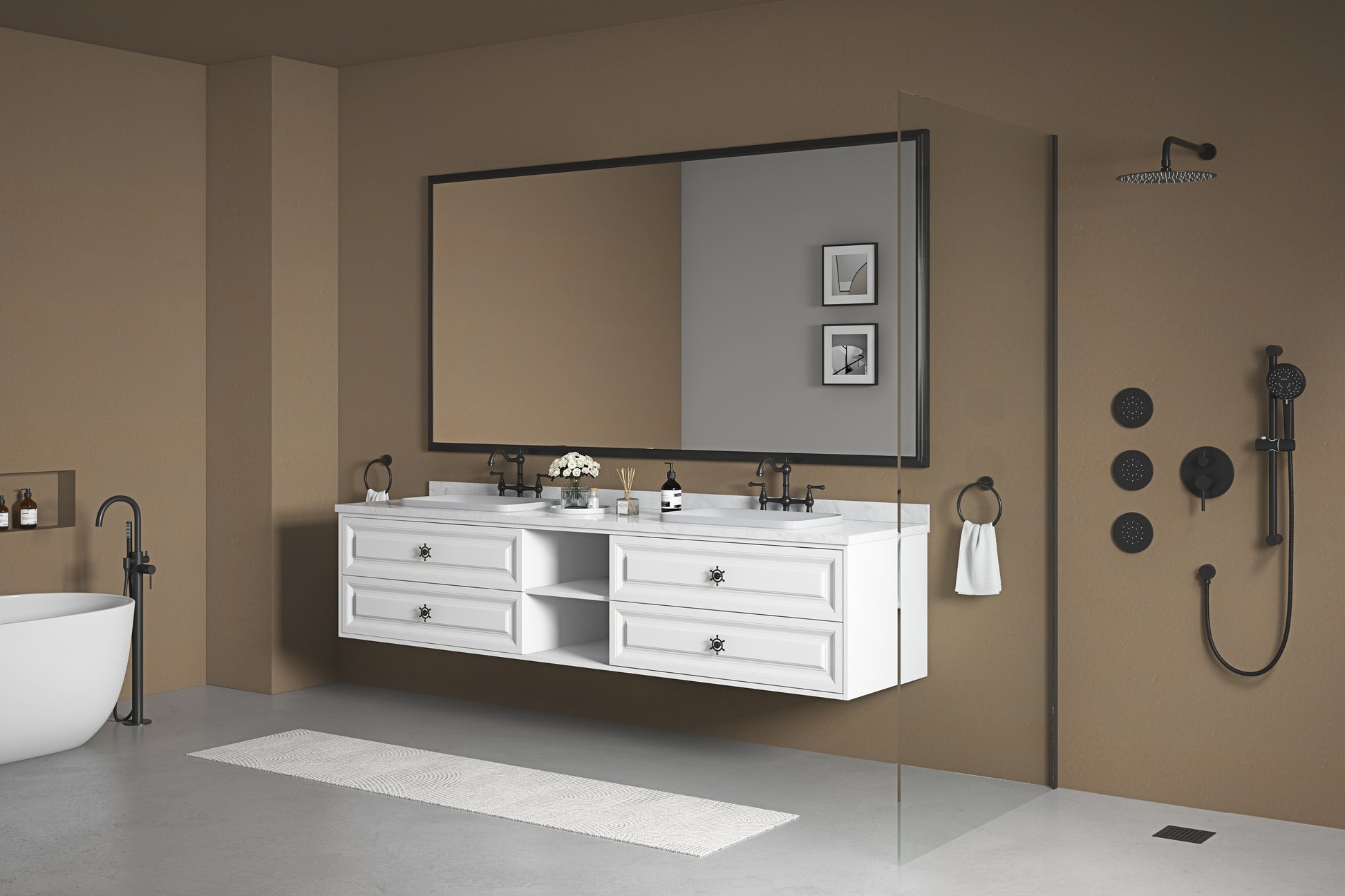 72In. W X 48In. H Metal Framed Bathroom Mirror For Wall, Rectangle Mirror, Bathroom Vanity Mirror Farmhouse, Anti Rust, Hangs Horizontally Or Vertiy Matte Black Aluminium