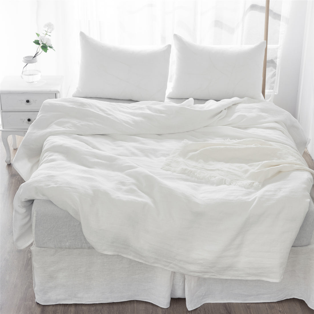 4 Pcs Bedding Sets Queen, Premium Linen Bedding Sheets & Pillowcases, Queen Bedding Sets, Soft White Bedding Sheet & Pillowcase Sets White Linen Linen