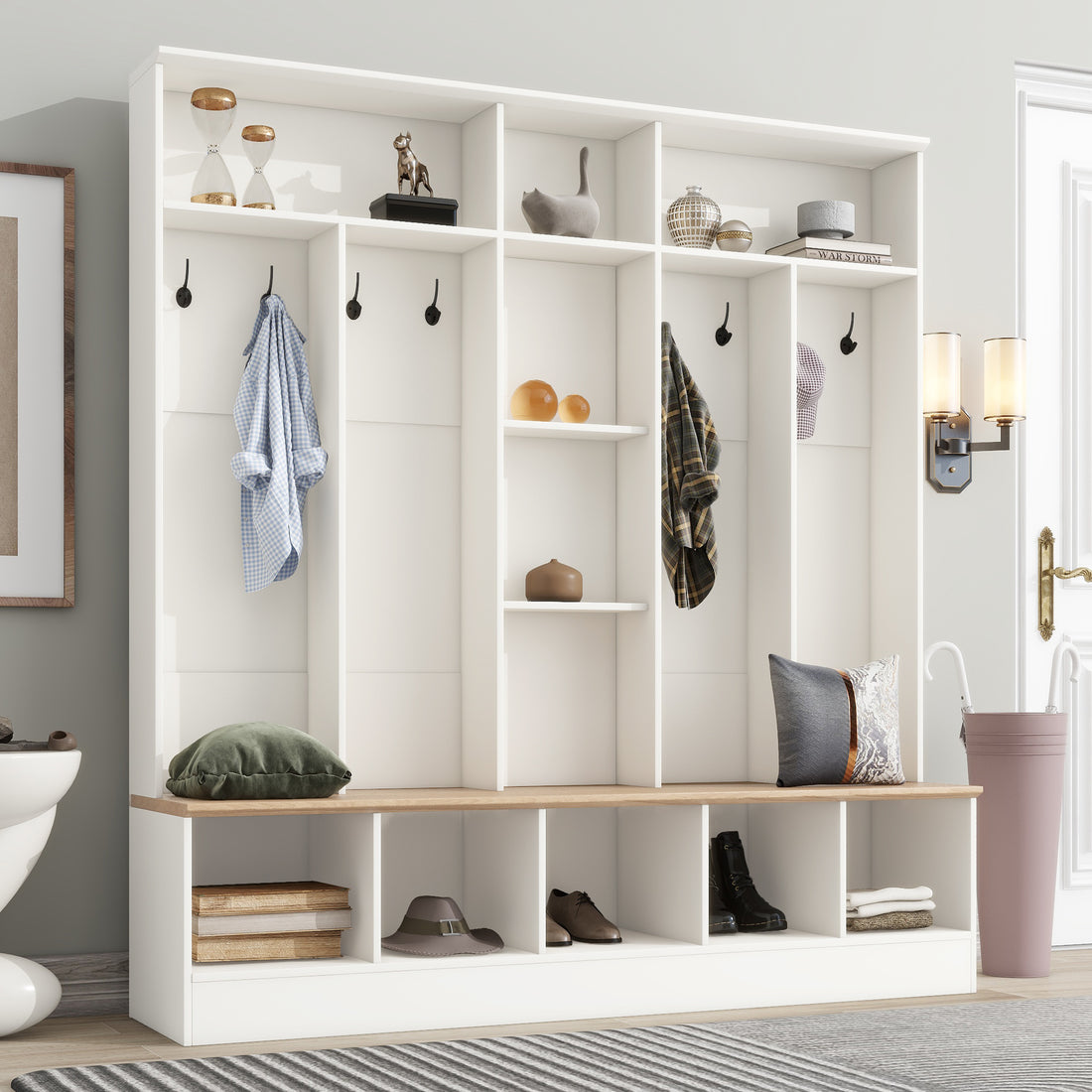 Wide Design Hall Tree With Storage Bench, Minimalist Shoe Cabinet With Cube Storage & Shelves, Multifunctional Coat Rack With 8 Hooks For Entryways, Mudroom, White White Primary Living Space