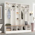 Wide Design Hall Tree With Storage Bench, Minimalist Shoe Cabinet With Cube Storage & Shelves, Multifunctional Coat Rack With 8 Hooks For Entryways, Mudroom, White White Primary Living Space