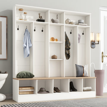 Wide Design Hall Tree With Storage Bench, Minimalist Shoe Cabinet With Cube Storage & Shelves, Multifunctional Coat Rack With 8 Hooks For Entryways, Mudroom, White White Primary Living Space