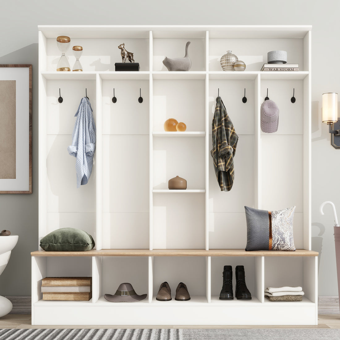Wide Design Hall Tree With Storage Bench, Minimalist Shoe Cabinet With Cube Storage & Shelves, Multifunctional Coat Rack With 8 Hooks For Entryways, Mudroom, White White Primary Living Space