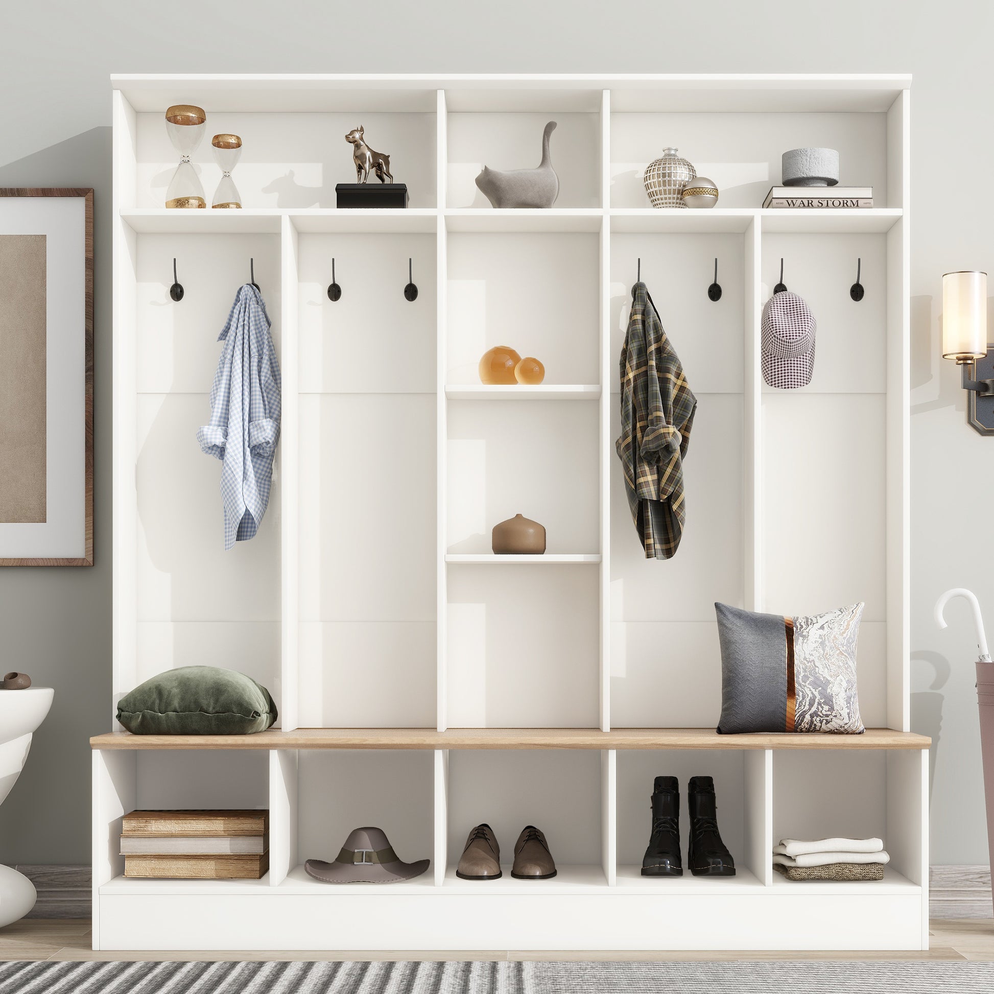 Wide Design Hall Tree With Storage Bench, Minimalist Shoe Cabinet With Cube Storage & Shelves, Multifunctional Coat Rack With 8 Hooks For Entryways, Mudroom, White White Primary Living Space