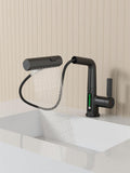 Pull Out Lift Led Temperature Digital Display Bathroom Basin Faucet, Single Handle 360 Rotatable Waterfall 3 In 1 Basin Tap With Adjustable Height Matte Black One Matte Black Deck Mounted Matte