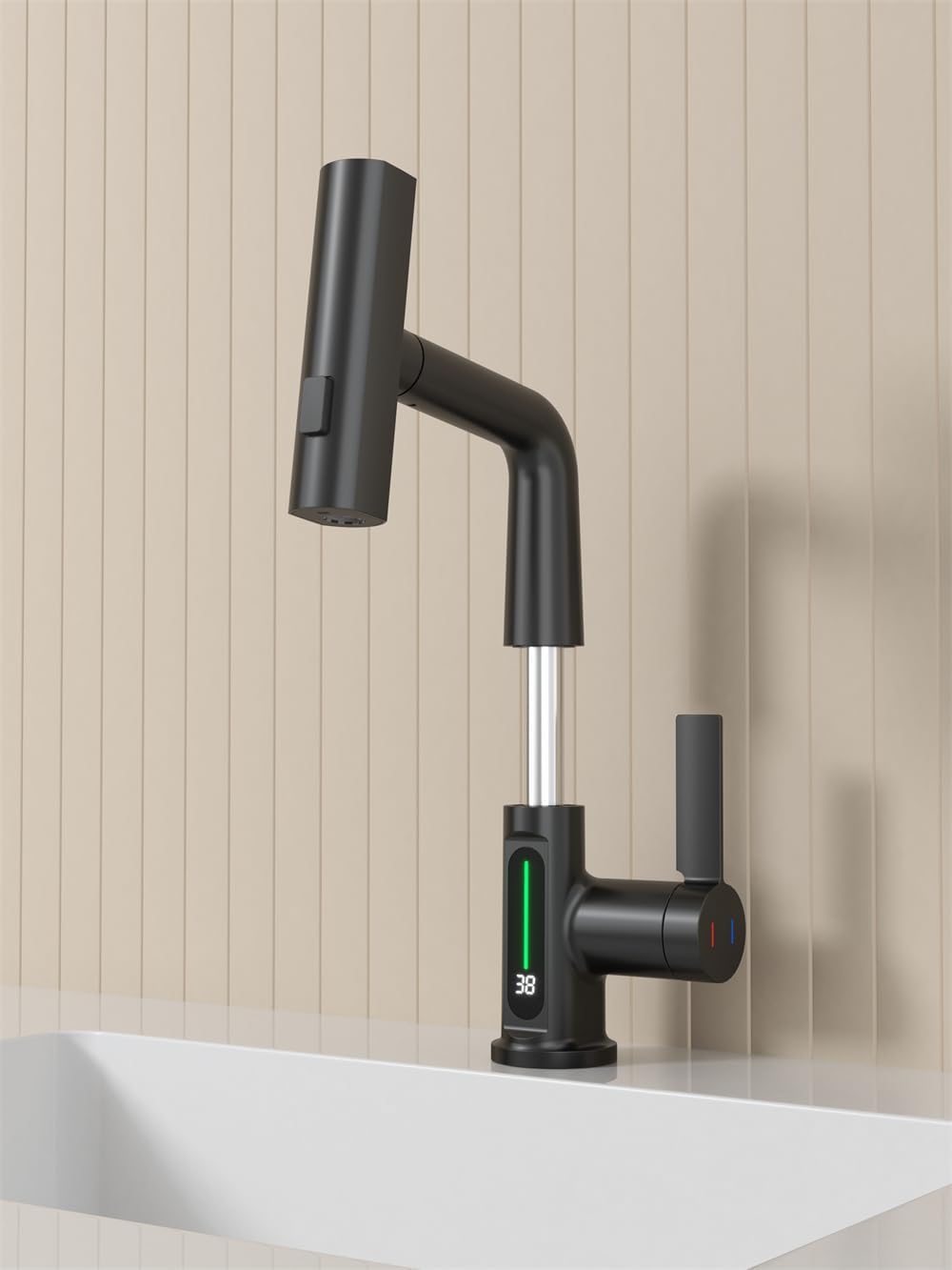 Pull Out Lift Led Temperature Digital Display Bathroom Basin Faucet, Single Handle 360 Rotatable Waterfall 3 In 1 Basin Tap With Adjustable Height Matte Black One Matte Black Deck Mounted Matte