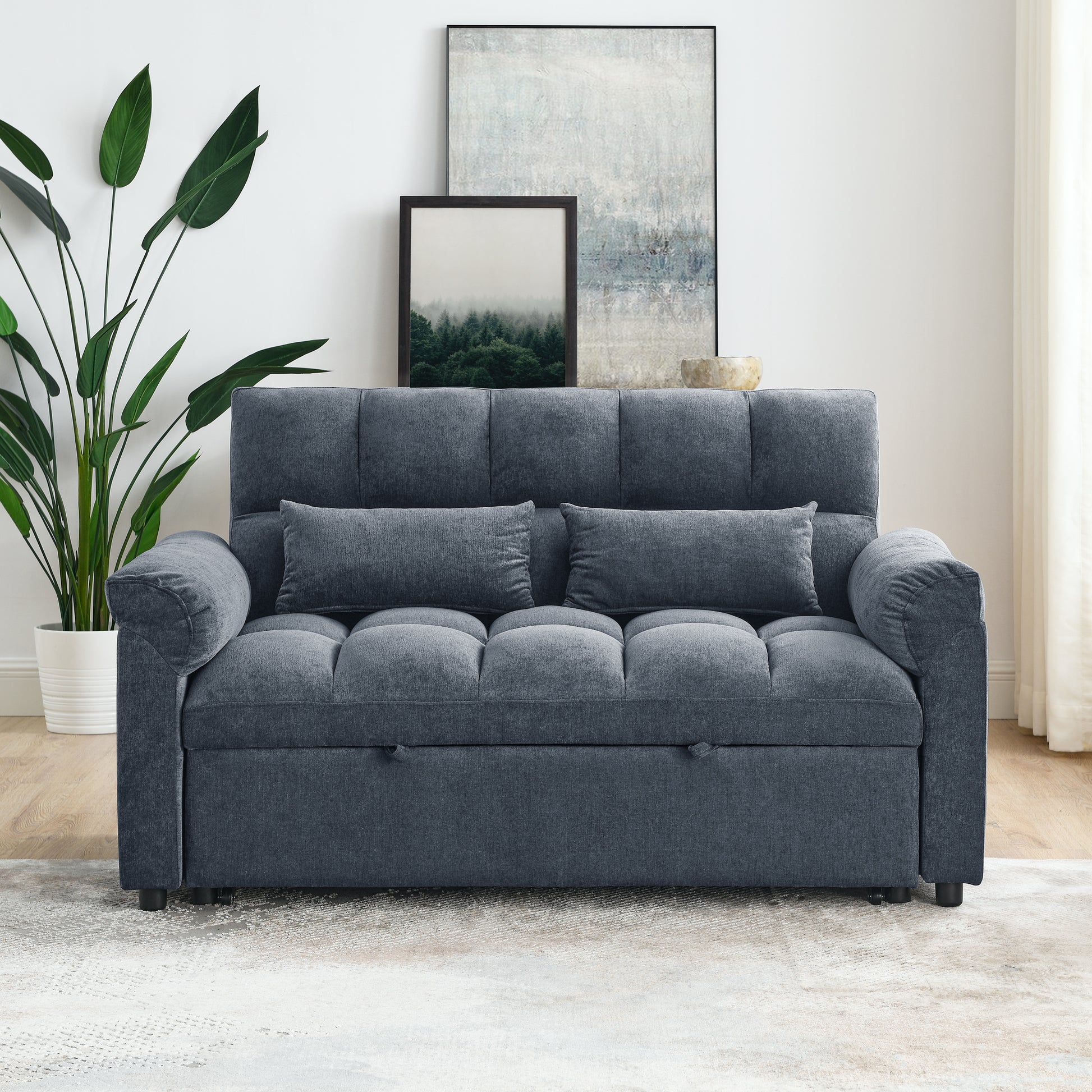 Loveseats Sofa Bed With Pull Out Bed,Adjsutable Back,Blue Grey Blue Grey Linen Wood Primary Living Space Medium Soft Tight Back Eucalyptus Pillow Top Arms Foam Linen 2 Seat