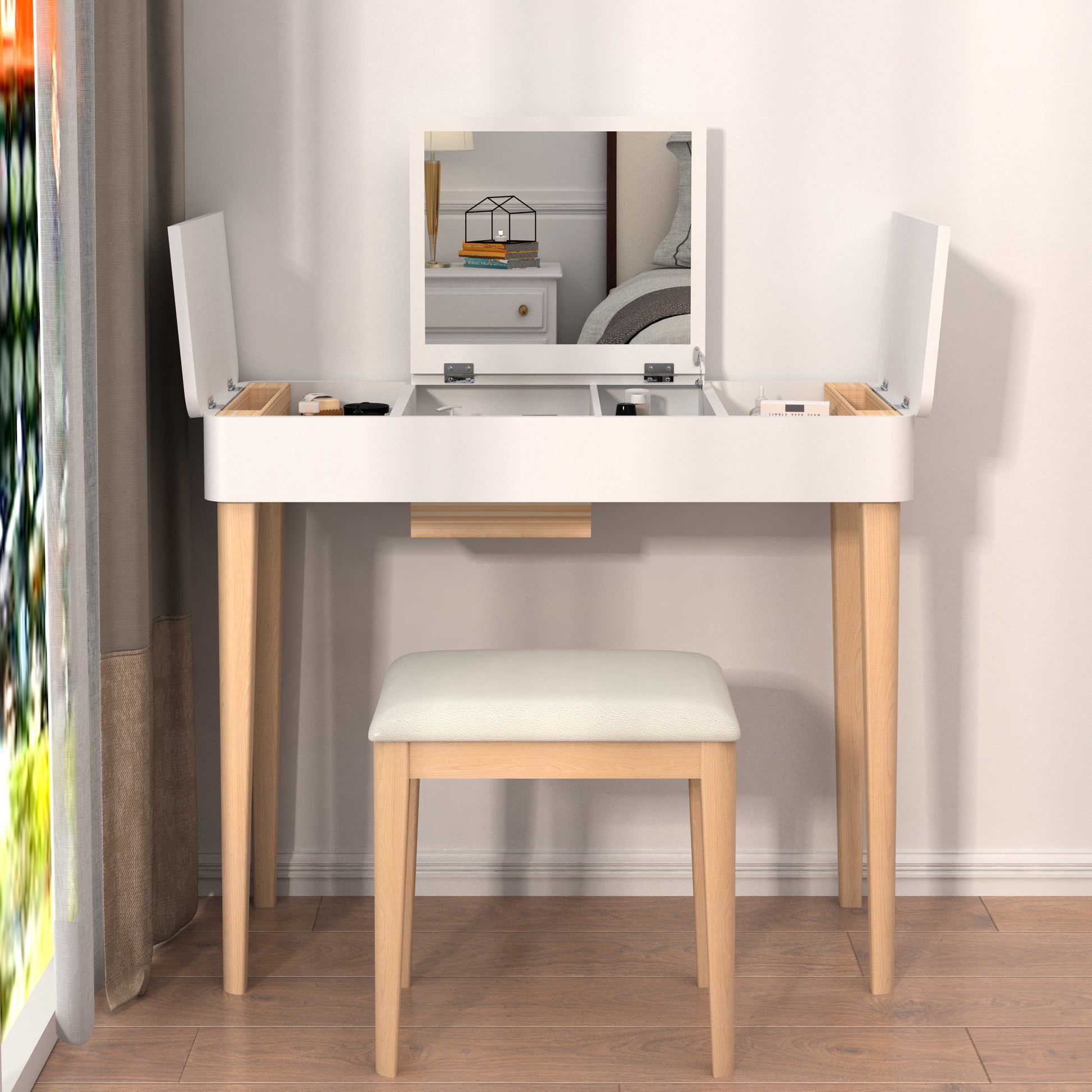 Vanity Table With Solid Wood Legs And Flip Up High Definition Mirror White Drawer 1 Drawer Pine White Solid Wood Mdf