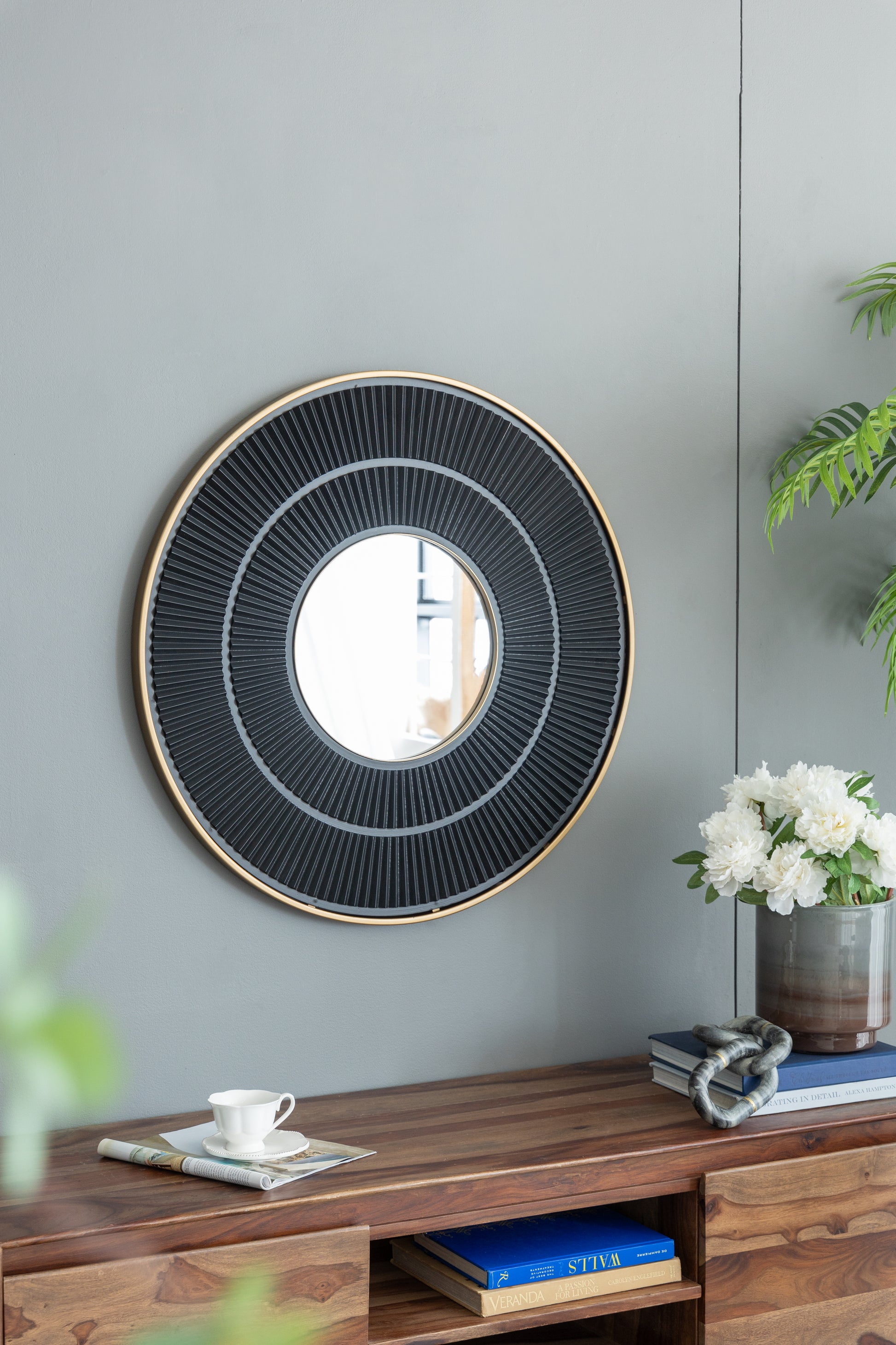 31.5X1X31.5" Round Carter Wooden Mirror With Gold Iron Frame Neutral Colorway Wall Decor For Live Space Golden Black Mdf Glass