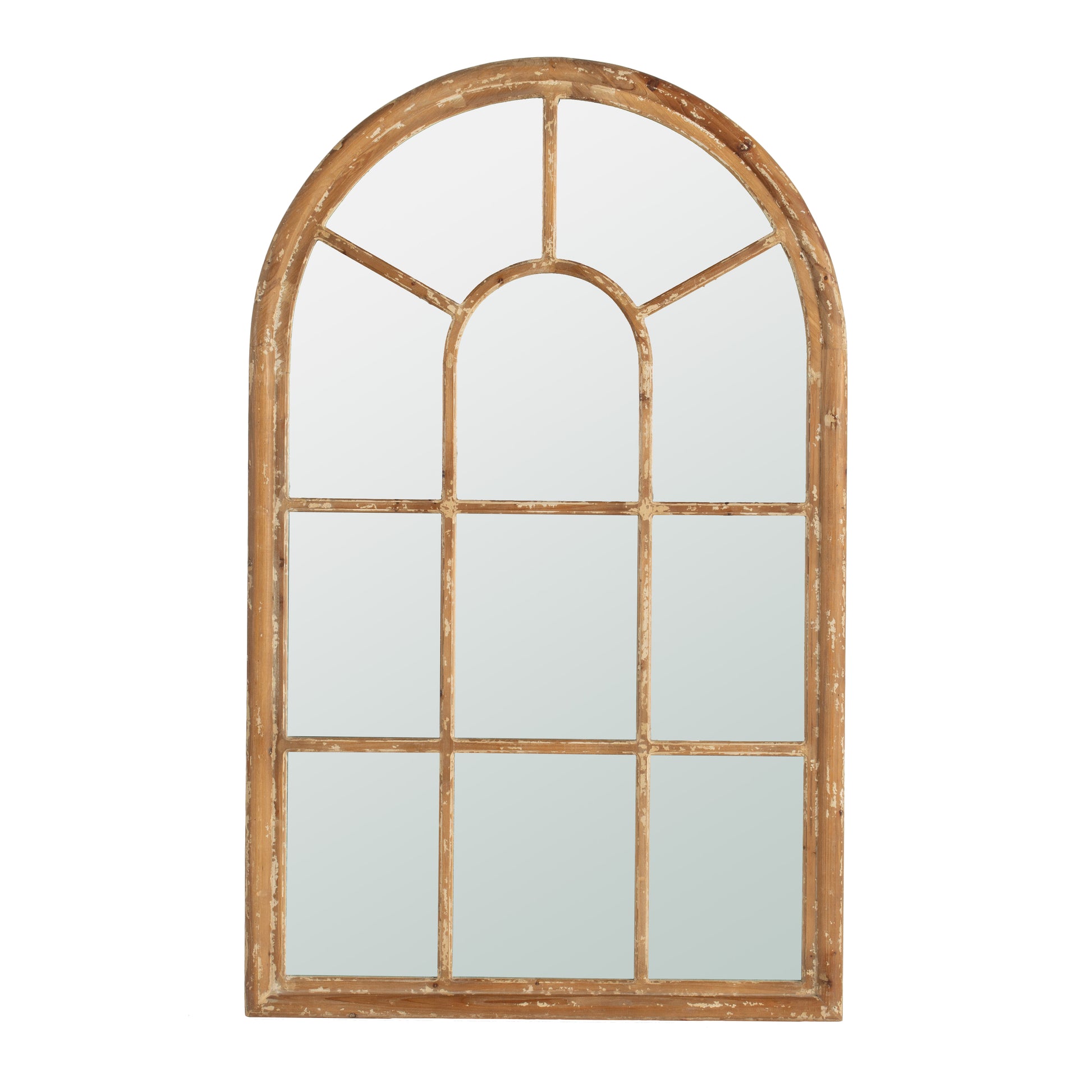 34X54.3" Large Arched Accent Mirror With Brown Frame With Decorative Window Look Classic Architecture Style Solid Fir Wood Interior Decor Brown Wood Glass