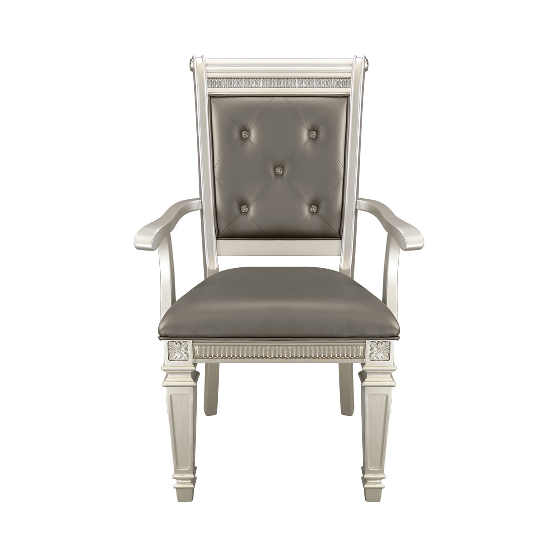 Modern Glam Silver Finish Dining Furniture Set Of 2 Armchairs Gray Faux Leather Upholstered Wooden Dining Room Furniture Silver Dining Room Glam,Modern Arm Chair Wood